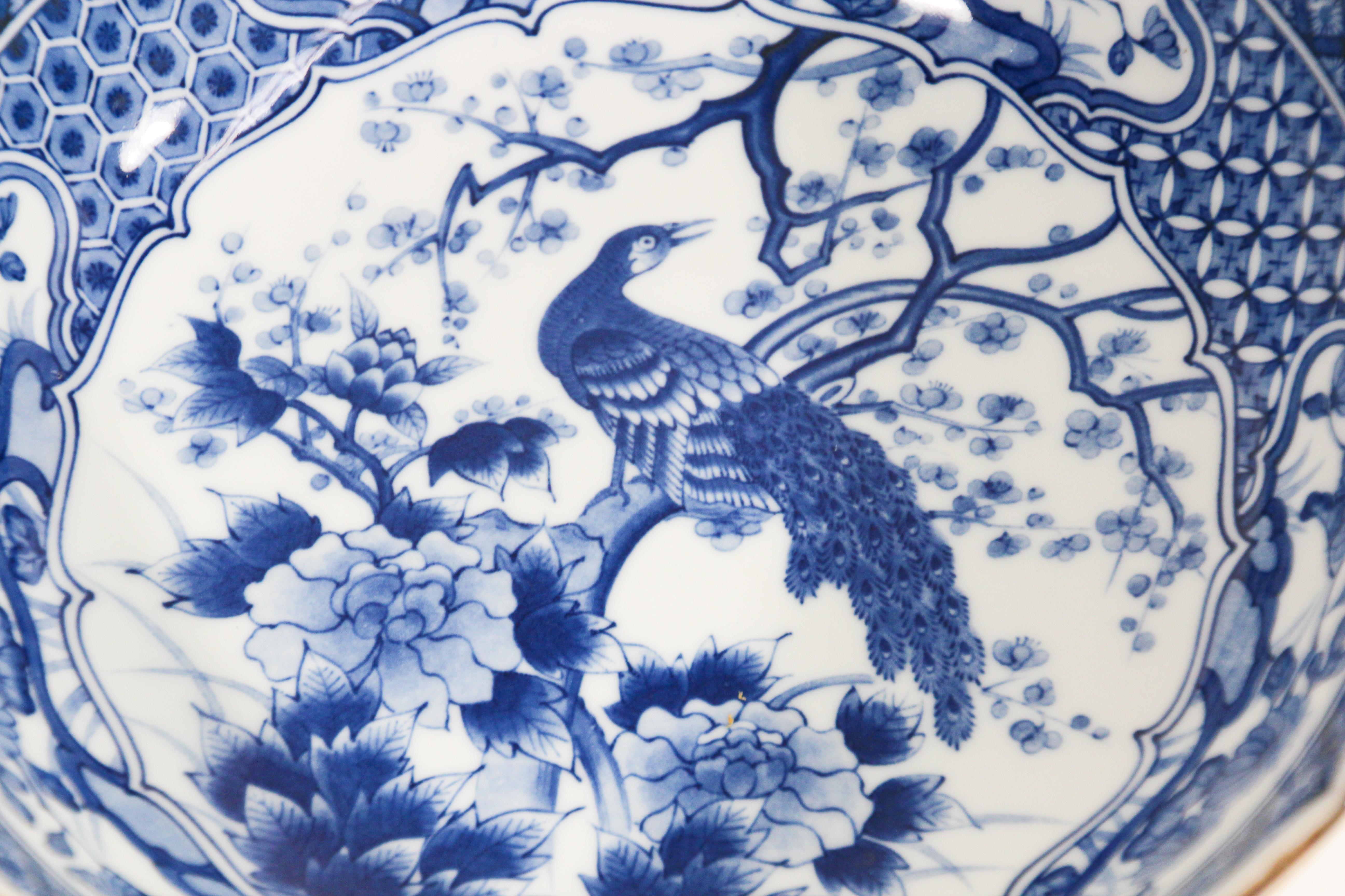 Large Blue and White Porcelain Peacock Bowl Vintage Collectible Japan For Sale 3