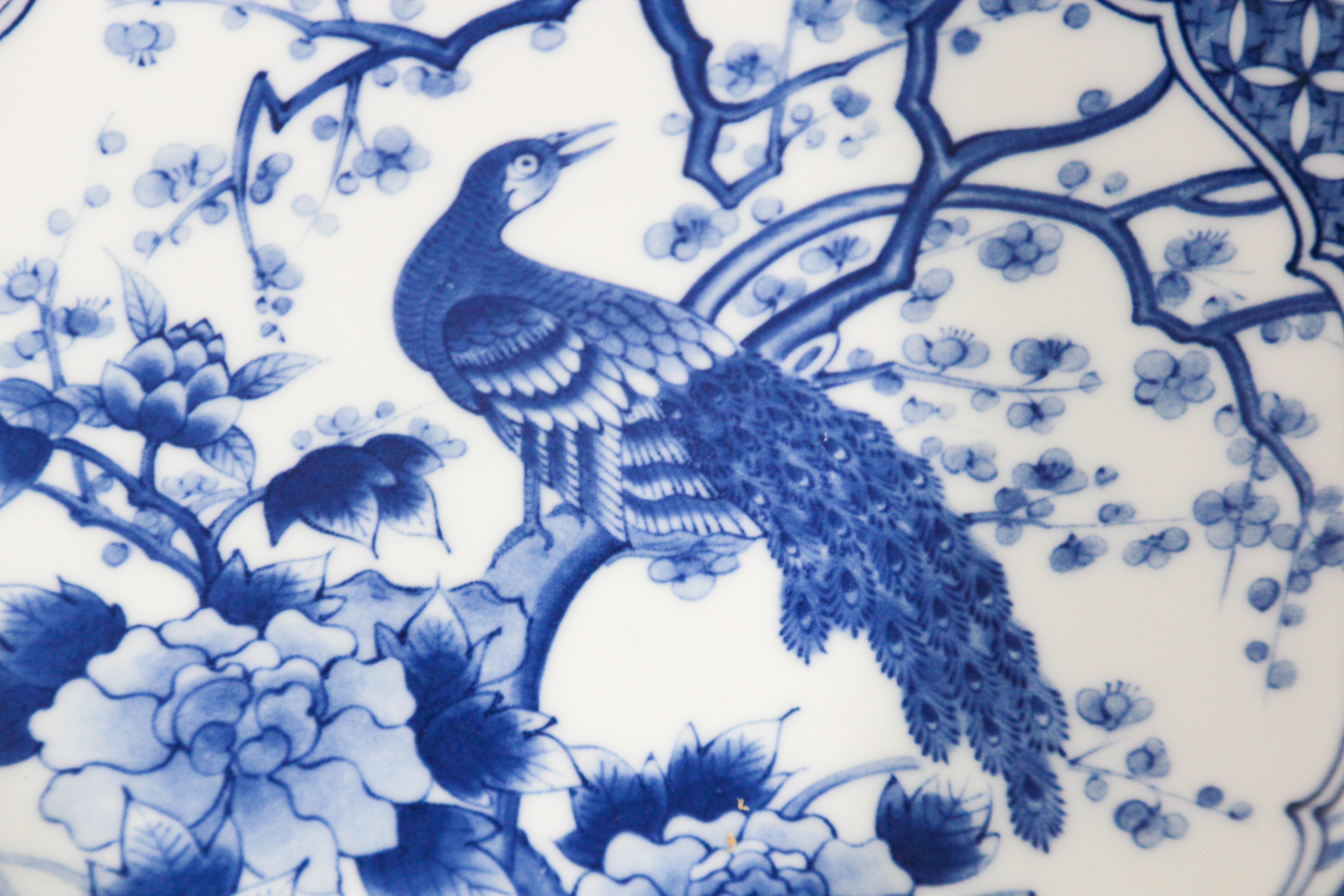 Large Blue and White Porcelain Peacock Bowl Vintage Collectible Japan For Sale 1