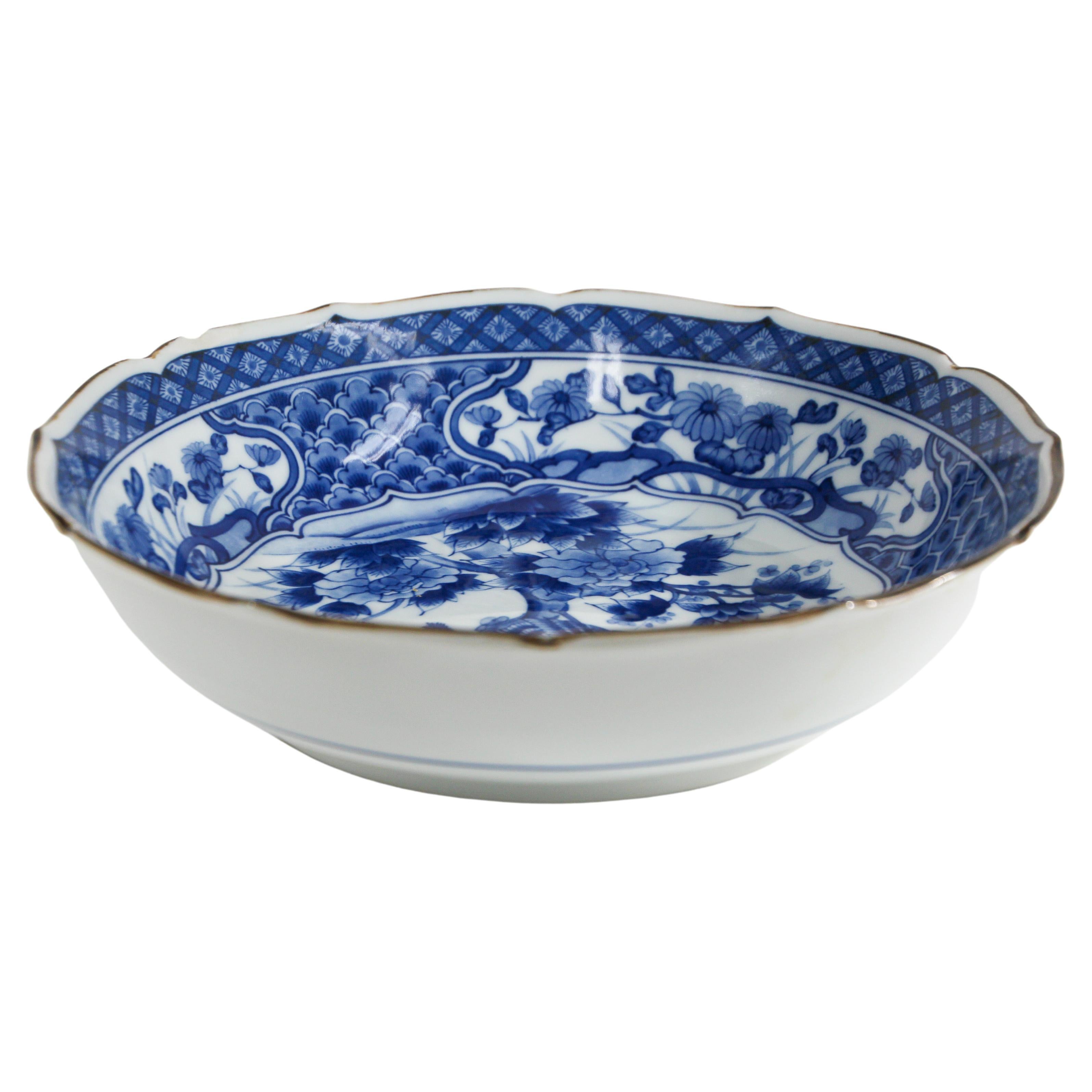 Grand bol paon vintage de collection japonais en porcelaine bleue et blanche