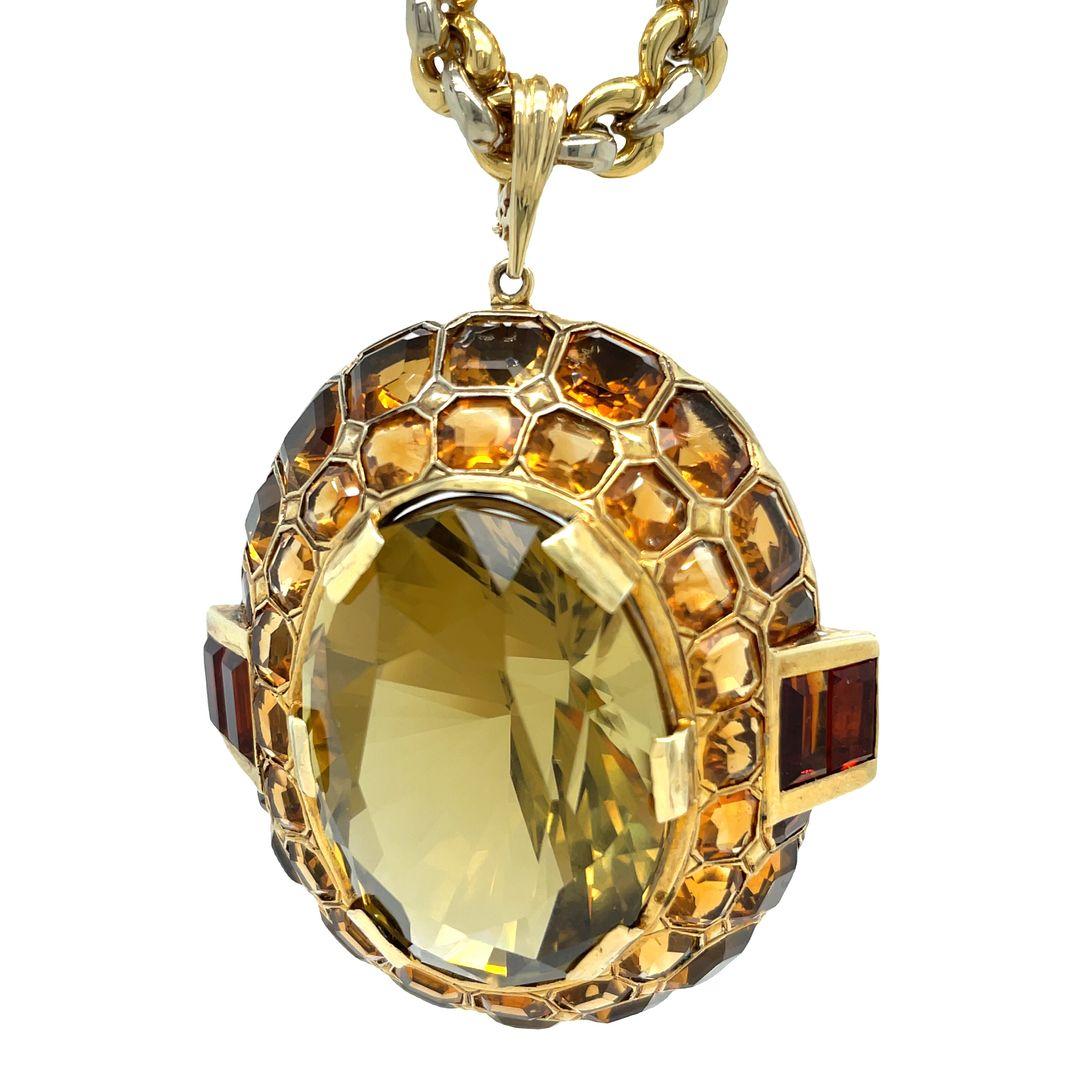 Taille ovale Pendentif de collection vintage en or jaune 14 carats avec quartz et citrine ovale en vente