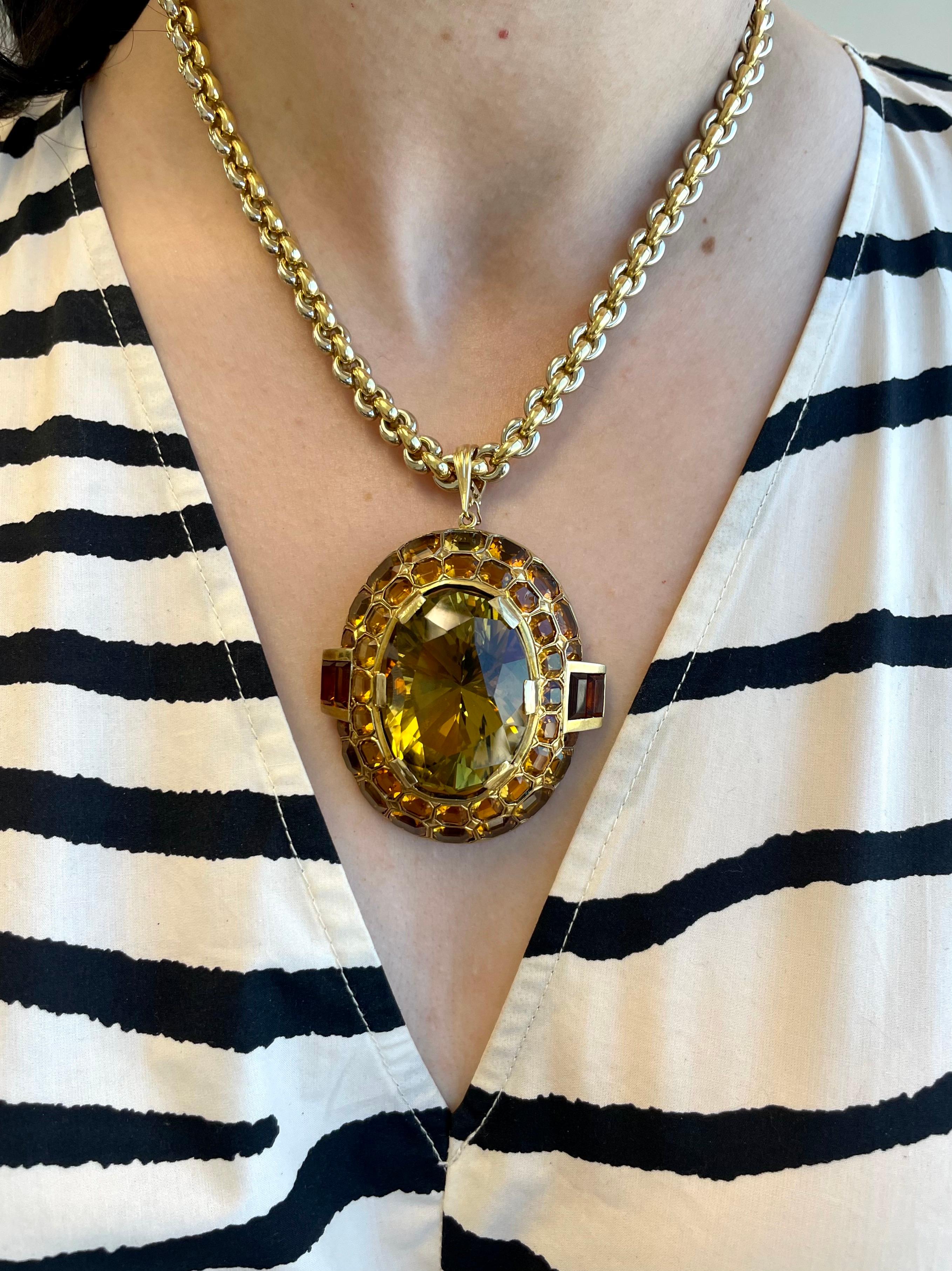 Pendentif de collection vintage en or jaune 14 carats avec quartz et citrine ovale en vente 2