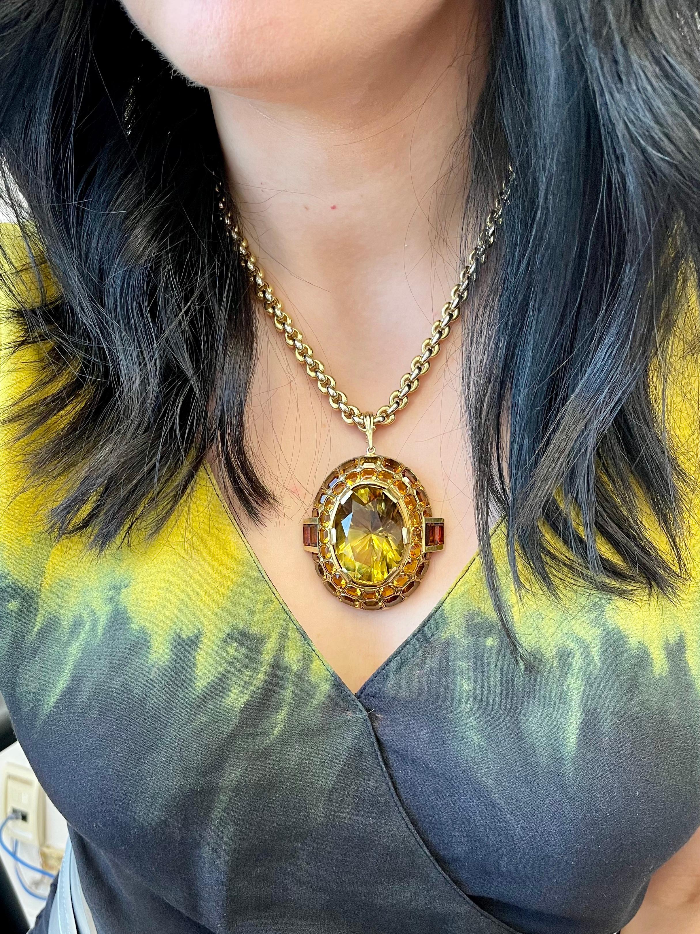 Pendentif de collection vintage en or jaune 14 carats avec quartz et citrine ovale en vente 3