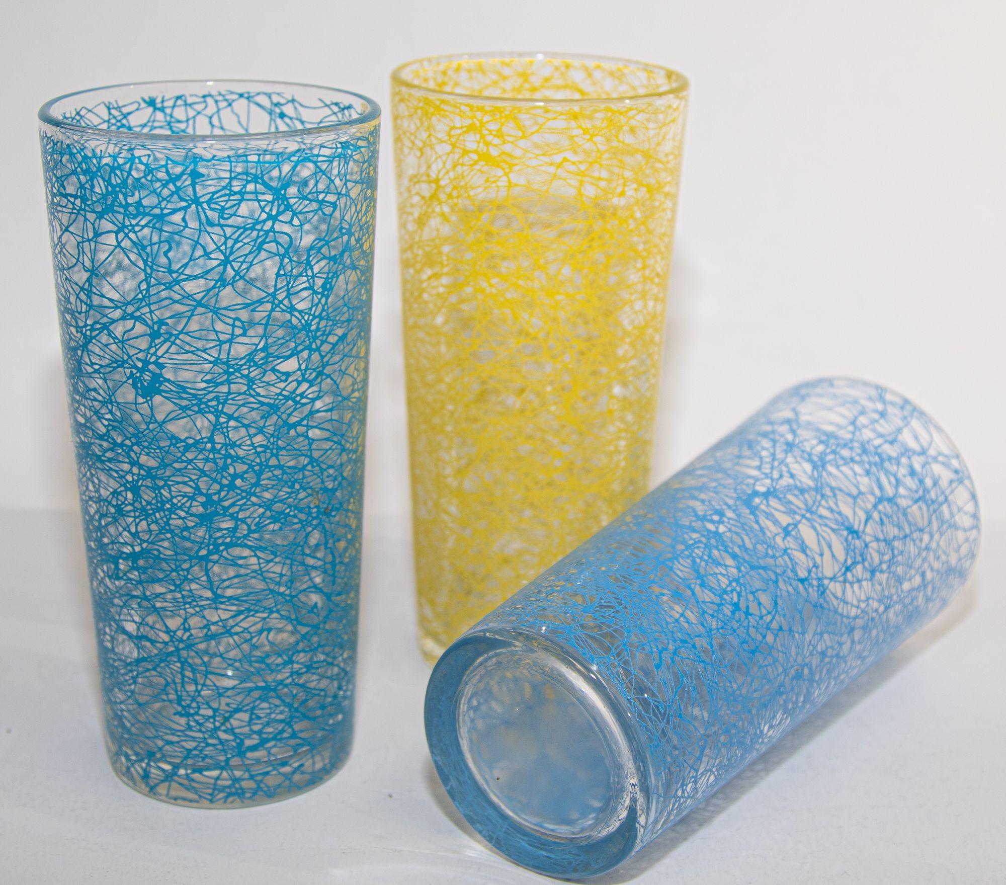Vintage Collectible Retro Highball Spaghetti Tumblers Set of 3 Blue and Yellow For Sale 6