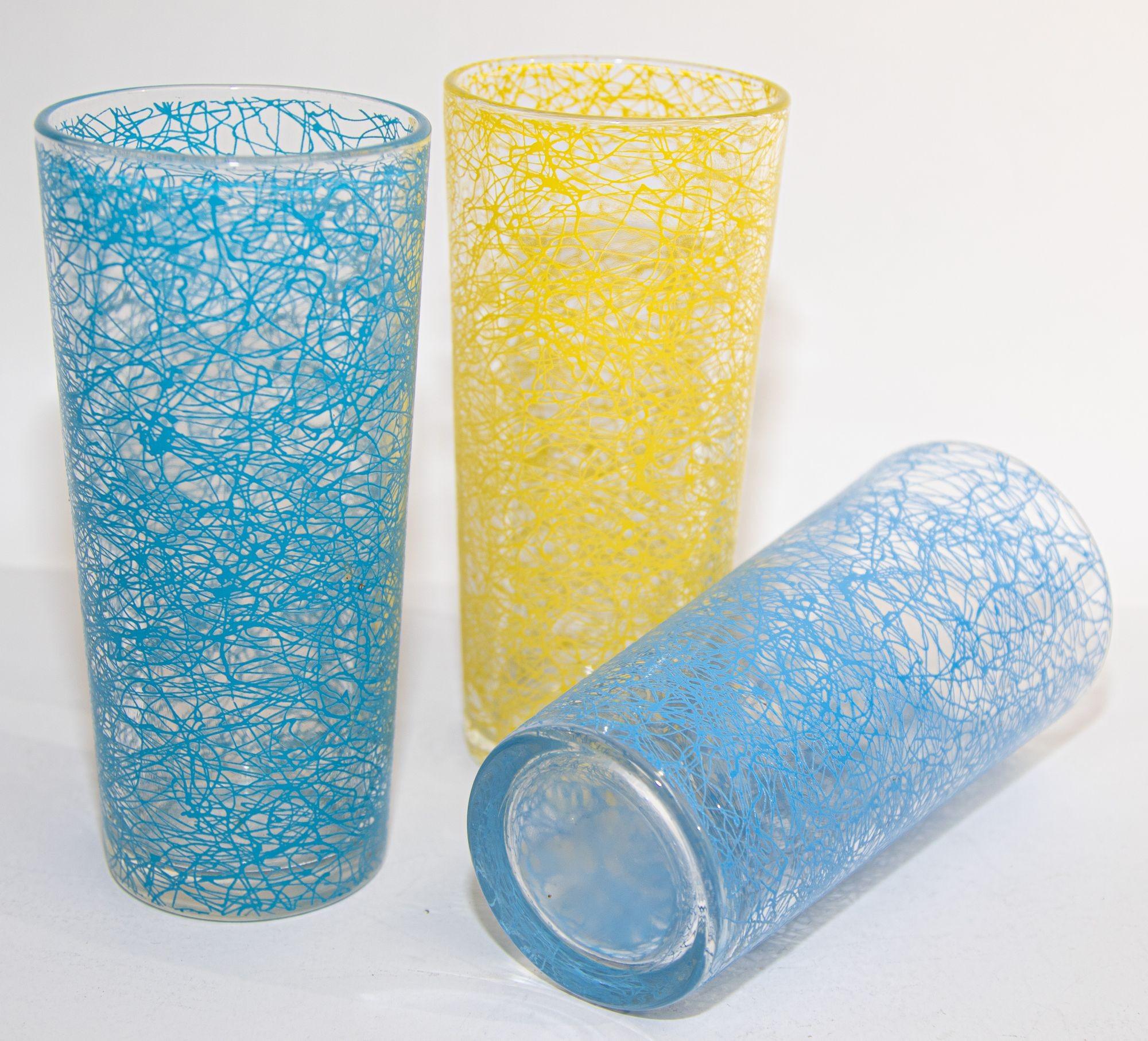 Vintage Collectible Retro Highball Spaghetti Tumblers Set of 3 Blue and Yellow For Sale 7