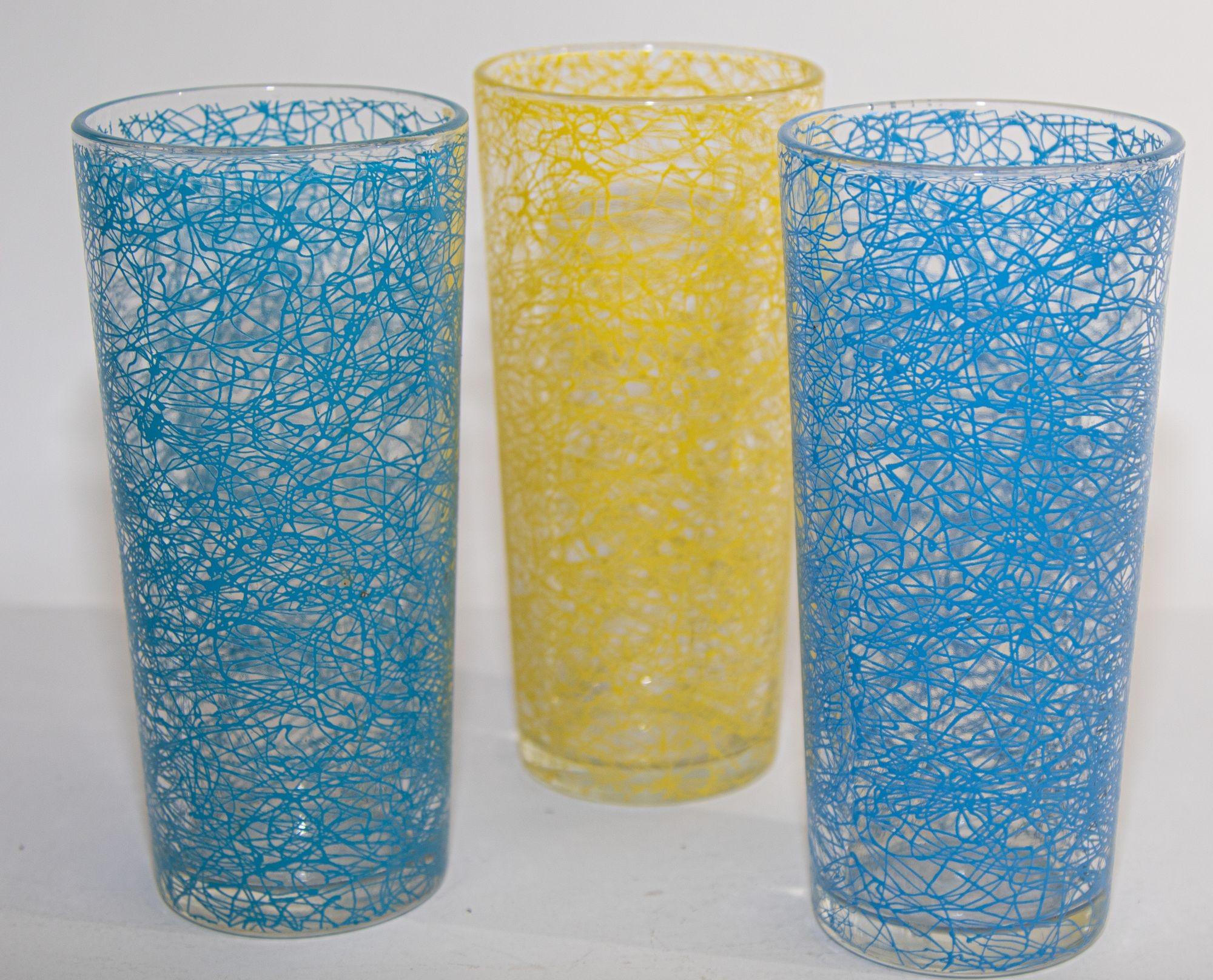 American Vintage Collectible Retro Highball Spaghetti Tumblers Set of 3 Blue and Yellow For Sale