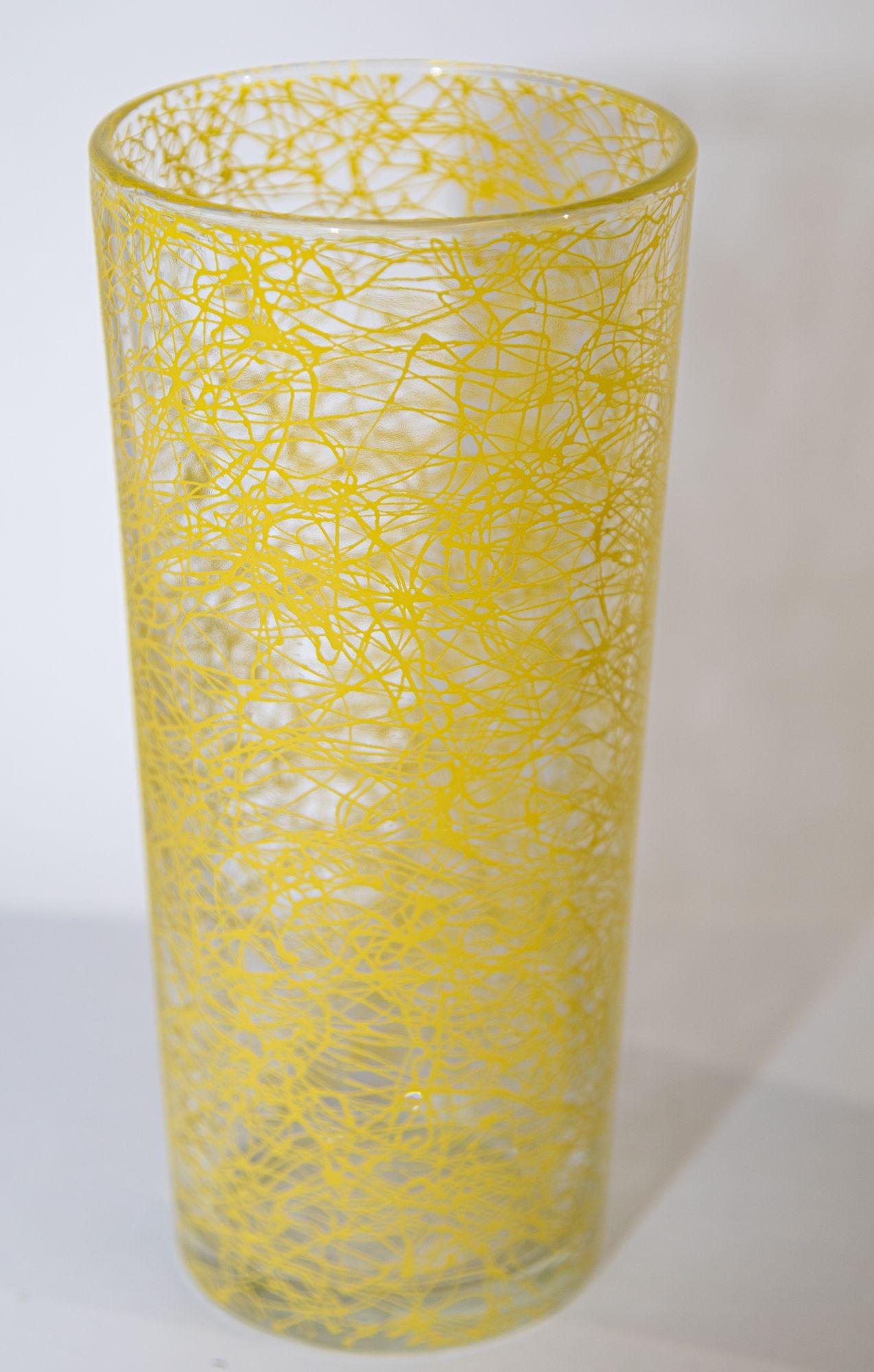 Glass Vintage Collectible Retro Highball Spaghetti Tumblers Set of 3 Blue and Yellow For Sale