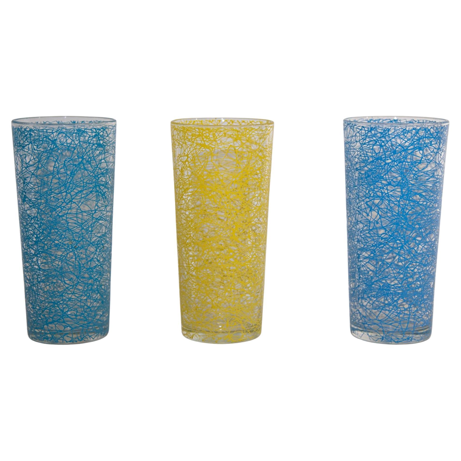 Vintage Collectible Retro Highball Spaghetti Tumblers Set of 3 Blue and Yellow For Sale