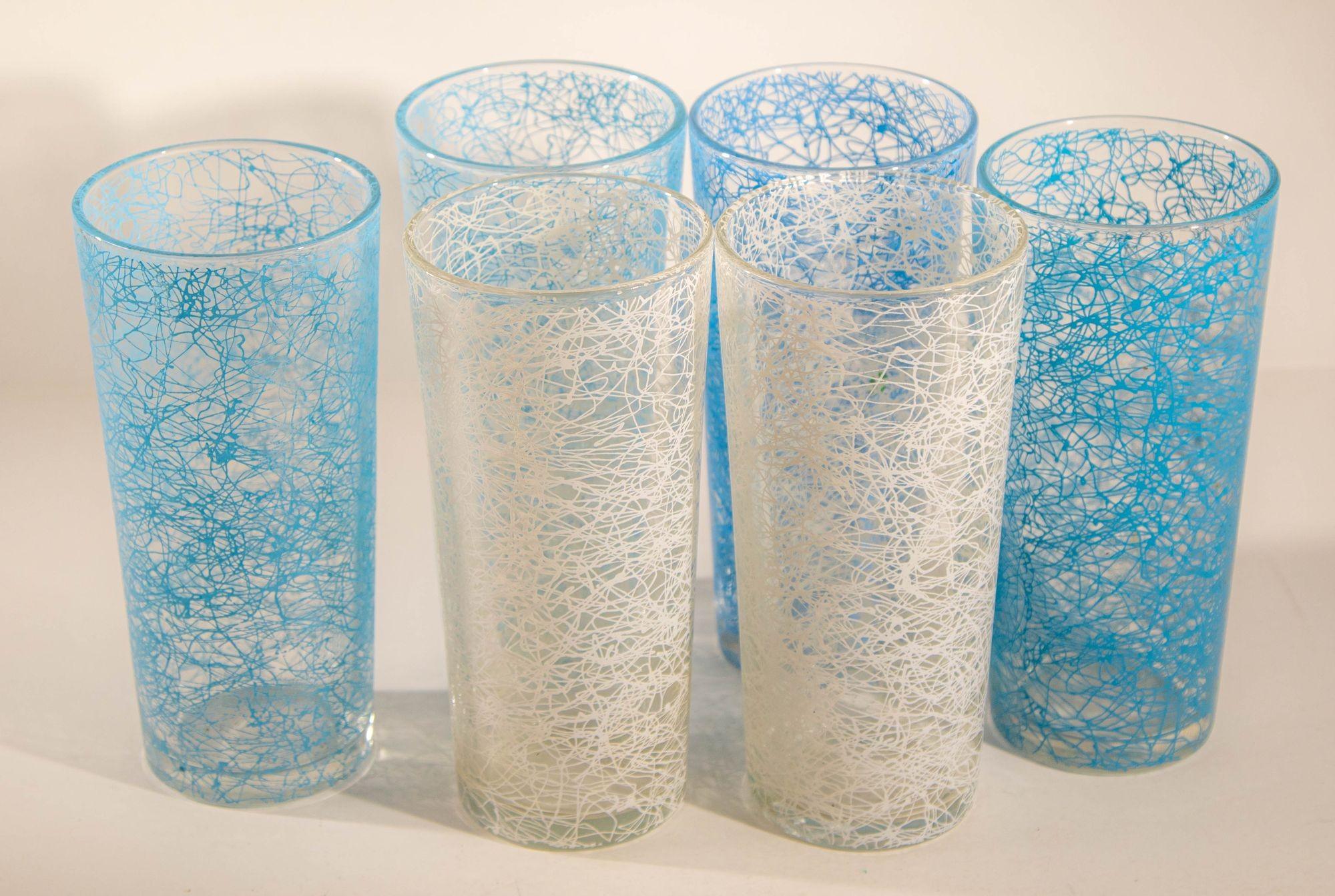 Vintage Collectible Retro Highball Spaghetti Tumblers Set of 6 Blue and White For Sale 6