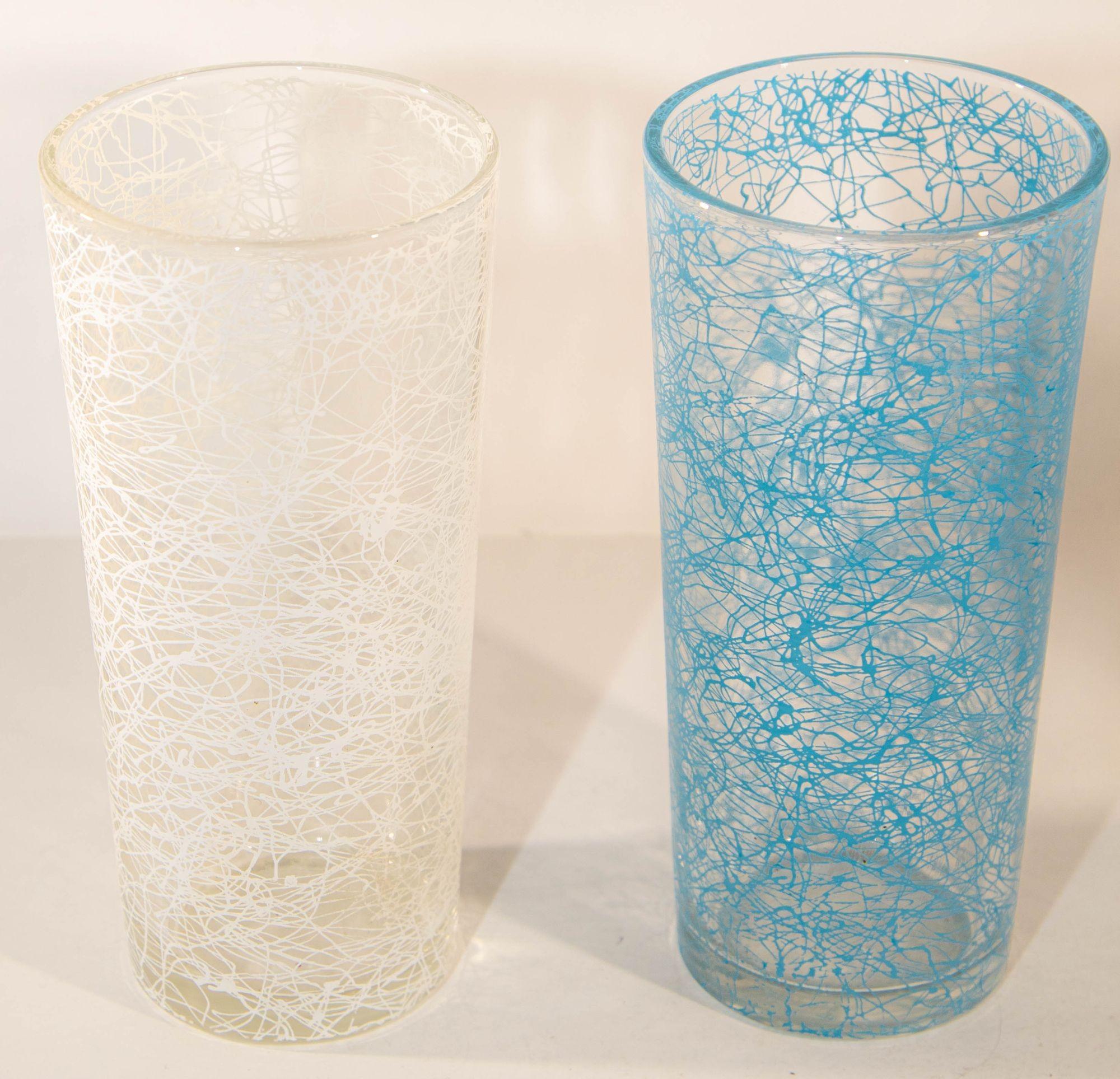 American Vintage Collectible Retro Highball Spaghetti Tumblers Set of 6 Blue and White For Sale