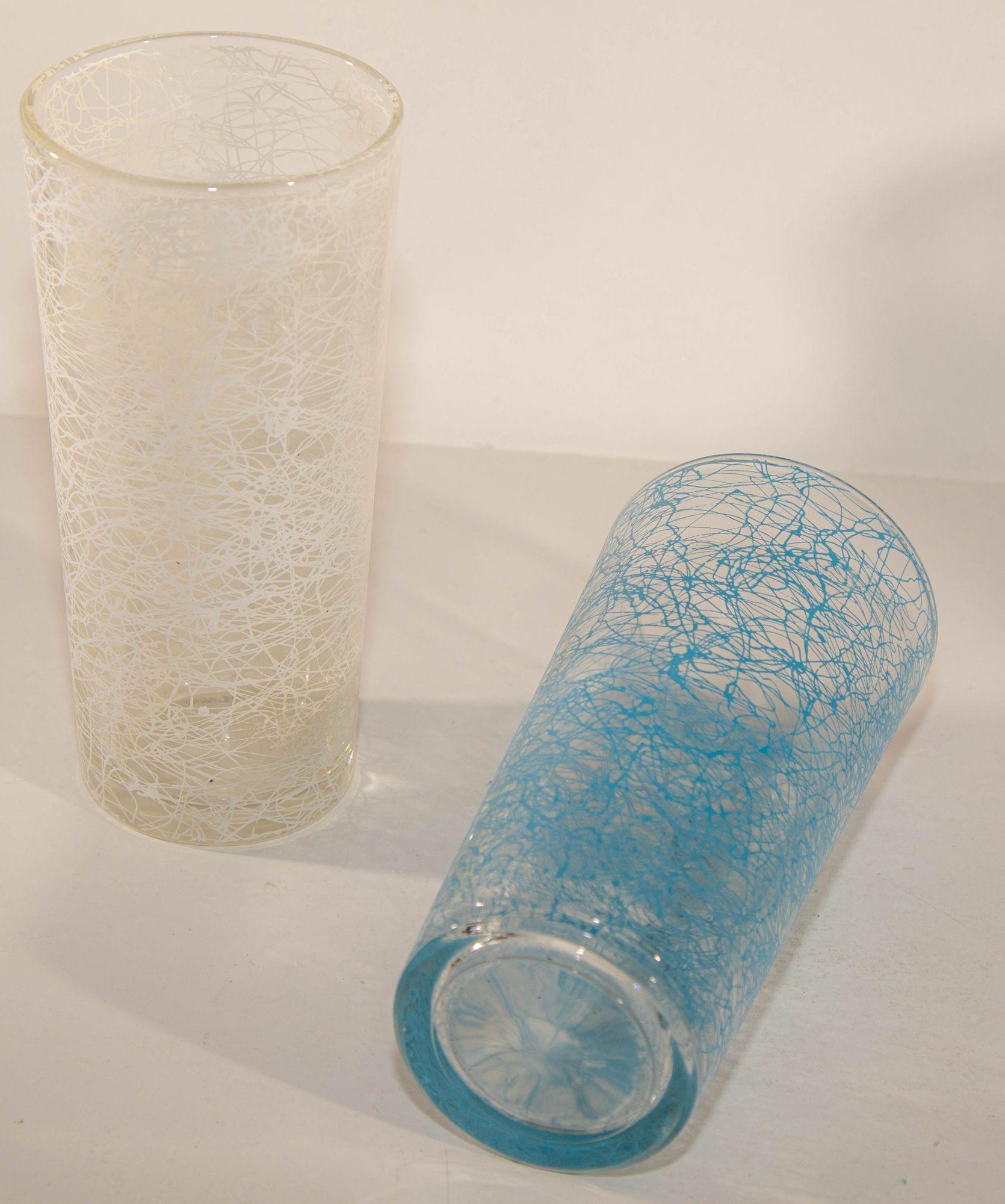 Glass Vintage Collectible Retro Highball Spaghetti Tumblers Set of 6 Blue and White For Sale