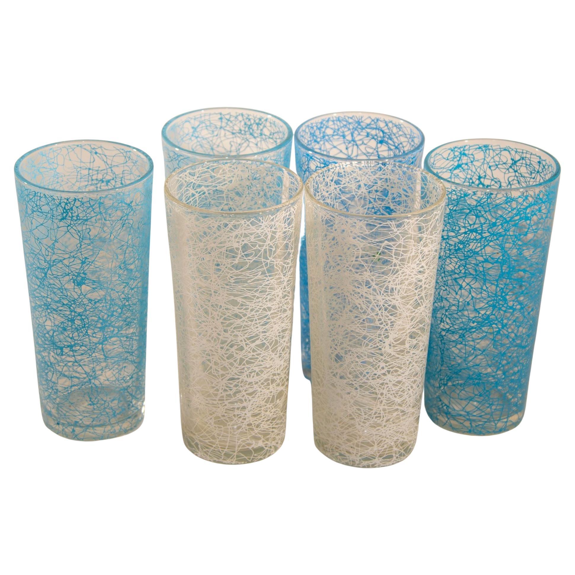 Vintage Collectible Retro Highball Spaghetti Tumblers Set of 6 Blue and White