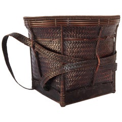 Vintage Collecting Basket, Ata Pue, Laos, Mid-20th Century, Bamboo, Rattan