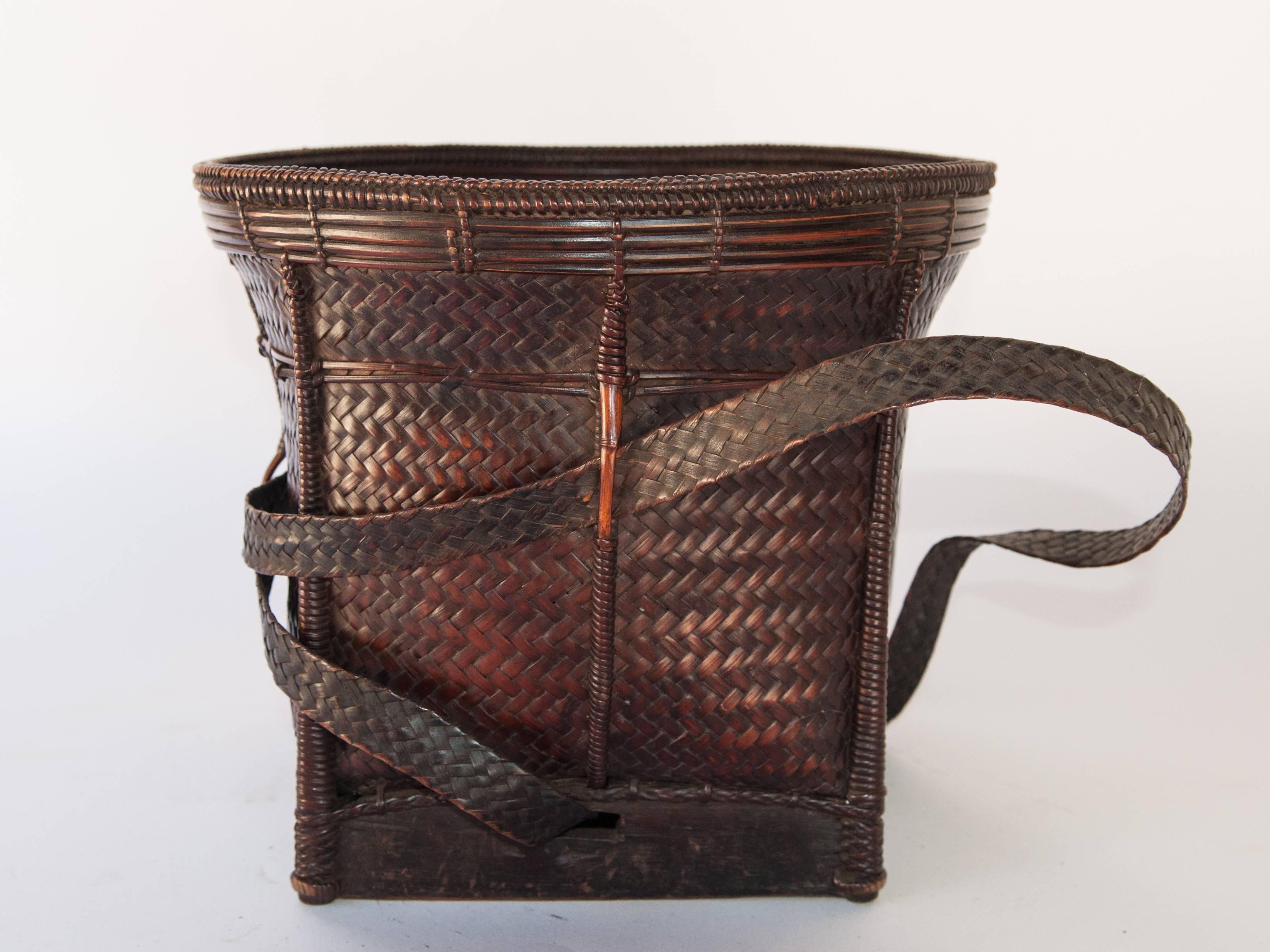 Tribal Vintage Collecting Basket, Ata Pue, Laos, Mid-20th Century, Bamboo, Rattan