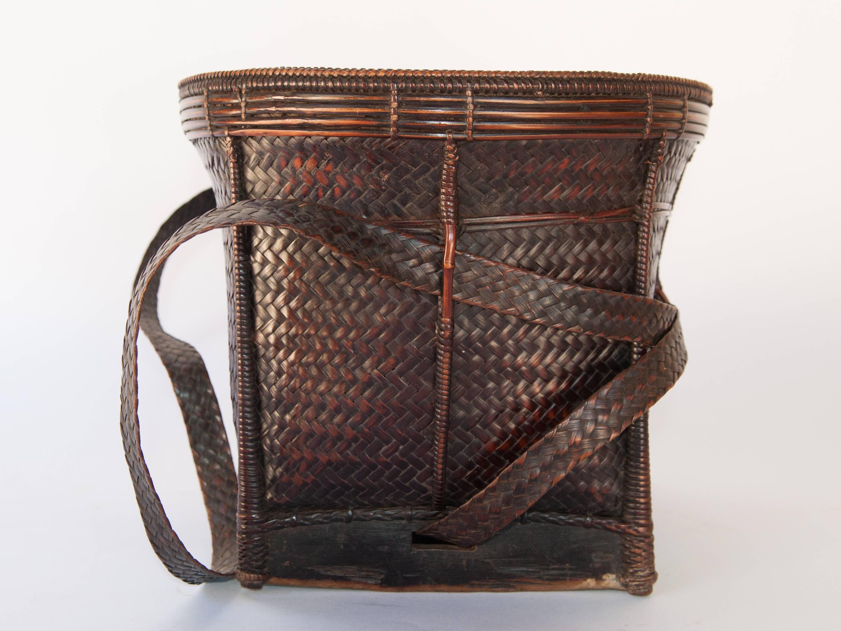 Hand-Crafted Vintage Collecting Basket, Ata Pue, Laos, Mid-20th Century, Bamboo, Rattan