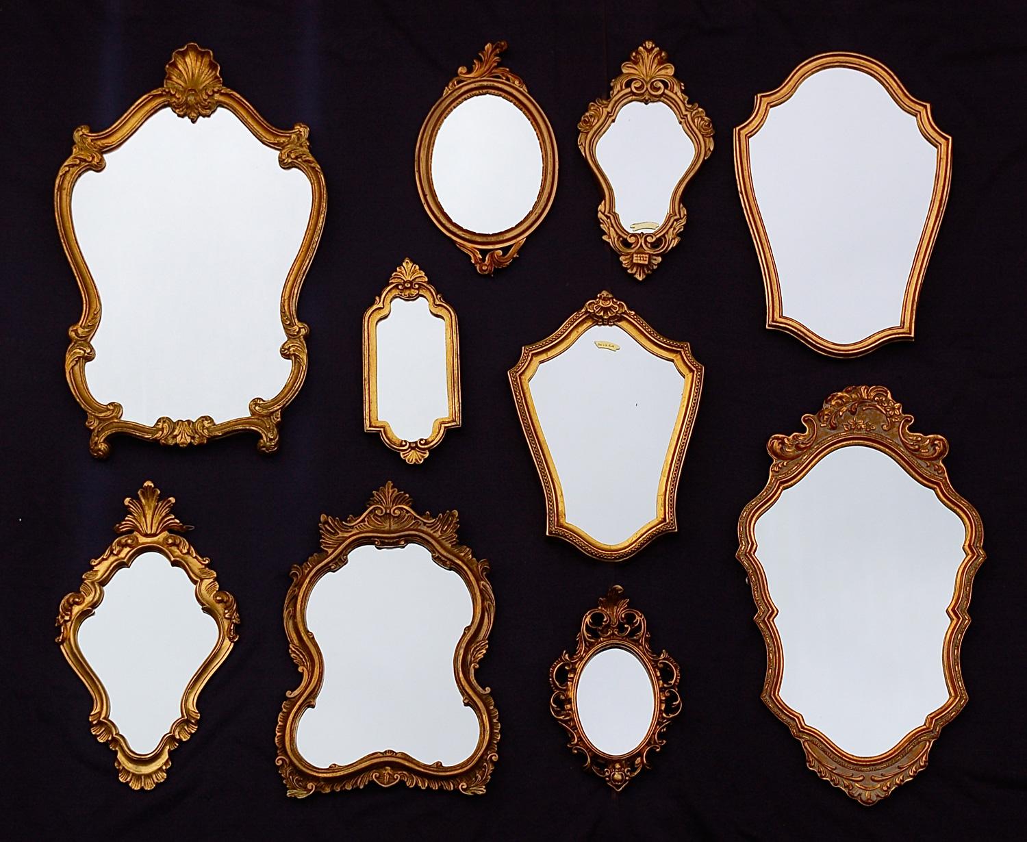 A mixed selection of ten 1970s gold colored mirrors in the Venetian, Florentine style to hang together as a decorative statement piece. This particular set will cover a wall of 2.2m x 2.2.m and would make an impressive addition to a restaurant,