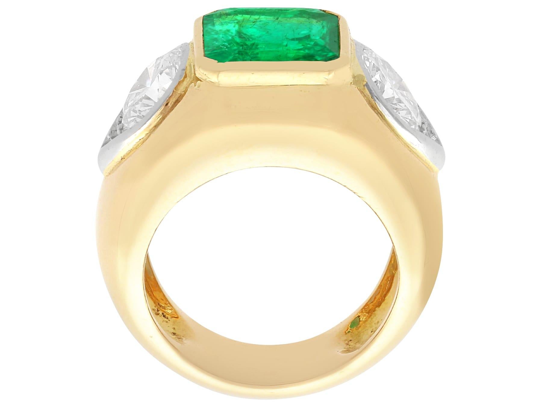 Emerald Cut Vintage Colombian Emerald and 2.18 Carat Diamond, 18ct Yellow Gold Dress Ring For Sale
