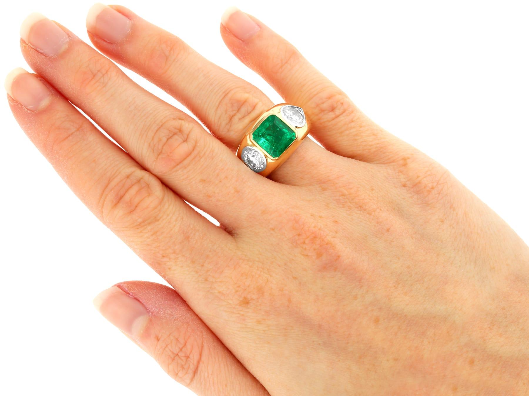Vintage Colombian Emerald and 2.18 Carat Diamond, 18ct Yellow Gold Dress Ring For Sale 1