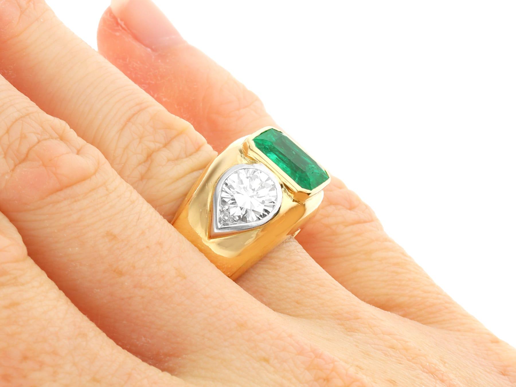 Vintage Colombian Emerald and 2.18 Carat Diamond, 18ct Yellow Gold Dress Ring For Sale 2