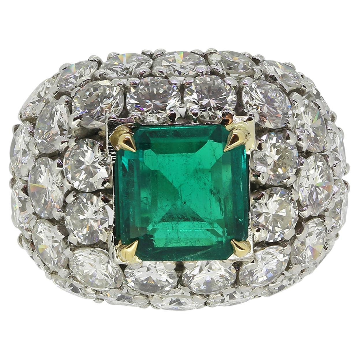 Vintage Colombian Emerald and Diamond Bombe Cluster Ring
