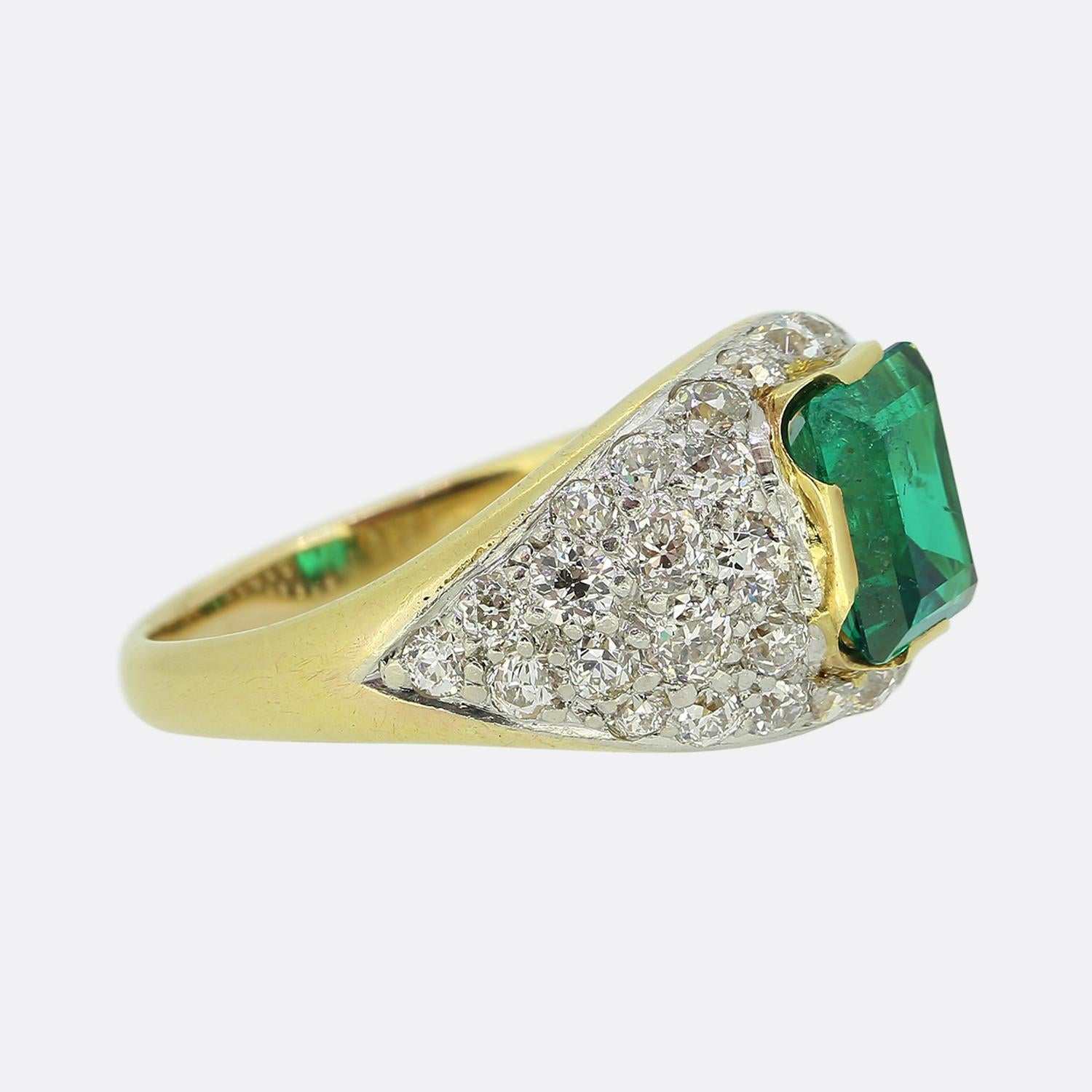 Emerald Cut Vintage Colombian Emerald and Diamond Bombe Ring For Sale
