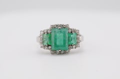 Vintage Colombian Emerald and Diamond Ring in 18K White Gold