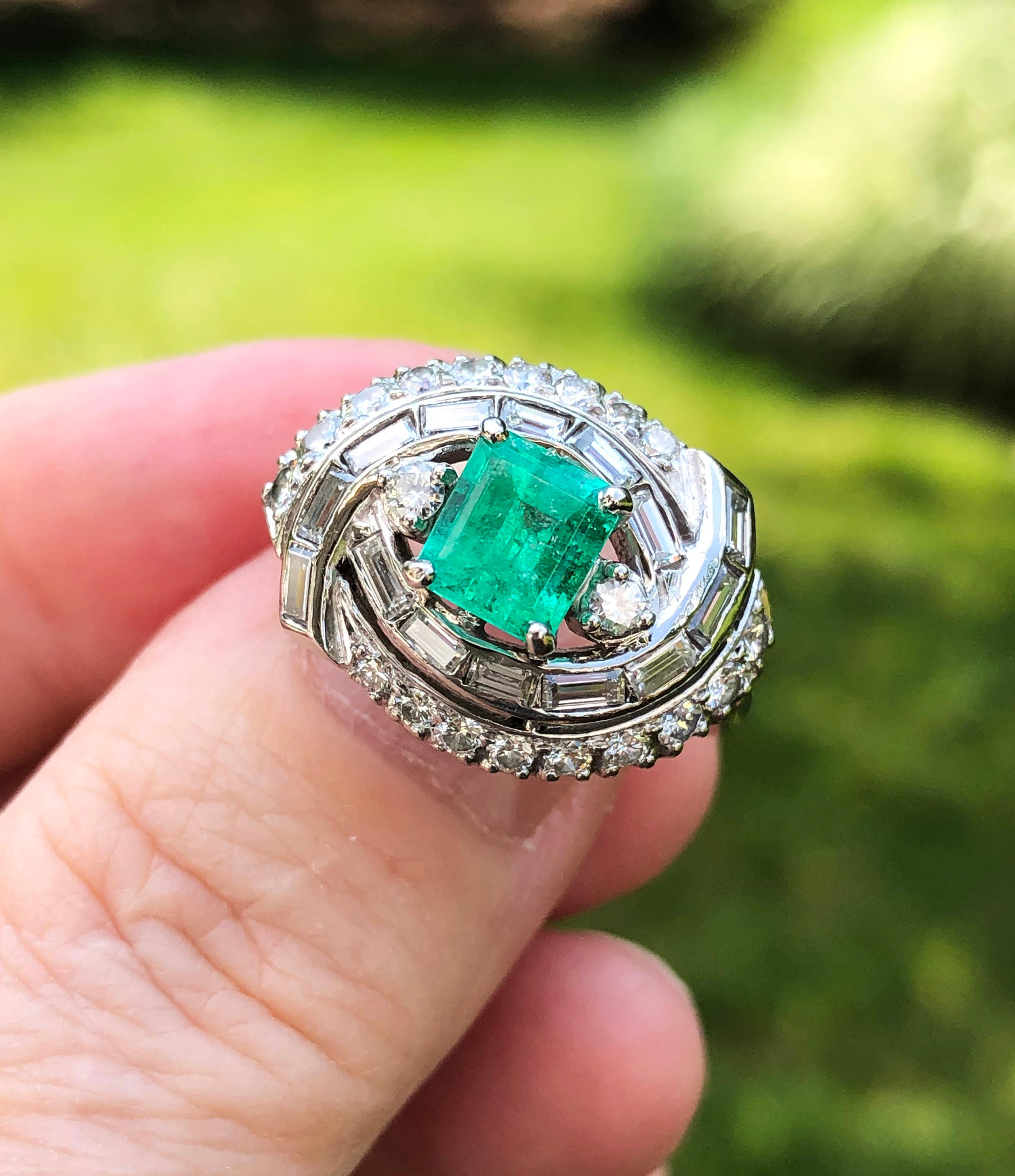 Emerald Cut Vintage Colombian Emerald Baguette Diamond Ring Platinum Estate Midcentury For Sale