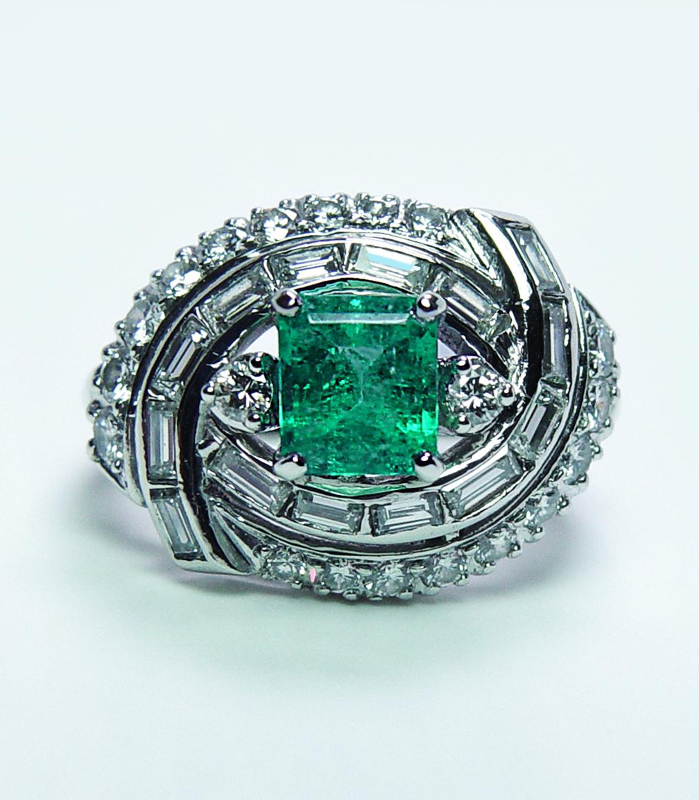 Women's Vintage Colombian Emerald Baguette Diamond Ring Platinum Estate Midcentury For Sale