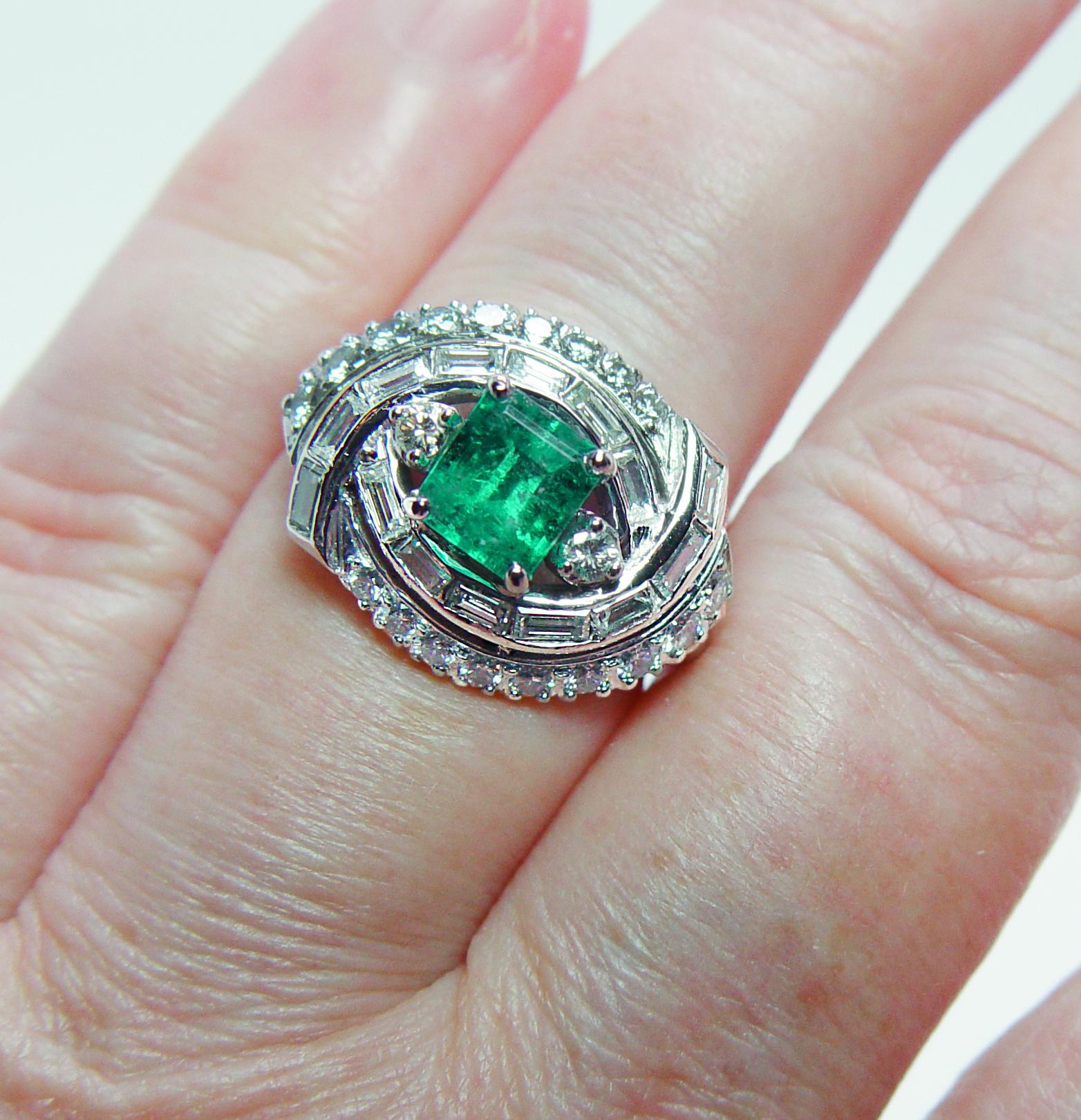 Vintage Colombian Emerald Baguette Diamond Ring Platinum Estate Midcentury For Sale 2