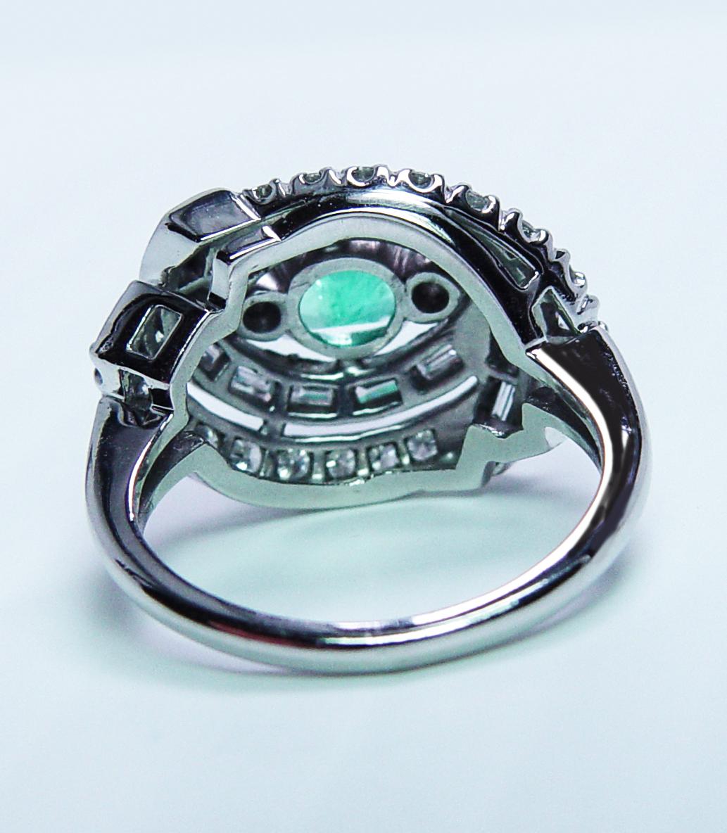 Vintage Colombian Emerald Baguette Diamond Ring Platinum Estate Midcentury For Sale 3