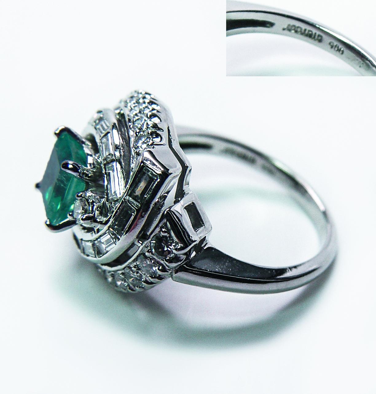 Vintage Colombian Emerald Baguette Diamond Ring Platinum Estate Midcentury For Sale 4