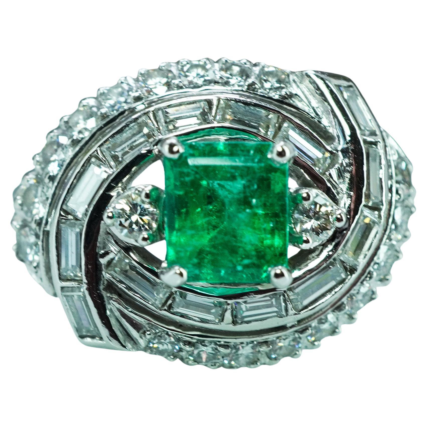 Vintage Colombian Emerald Baguette Diamond Ring Platinum Estate Midcentury For Sale