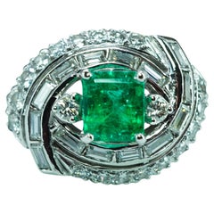 Vintage Esmeralda Colombiana Baguette Anillo de Diamantes Platino Estate Midcentury
