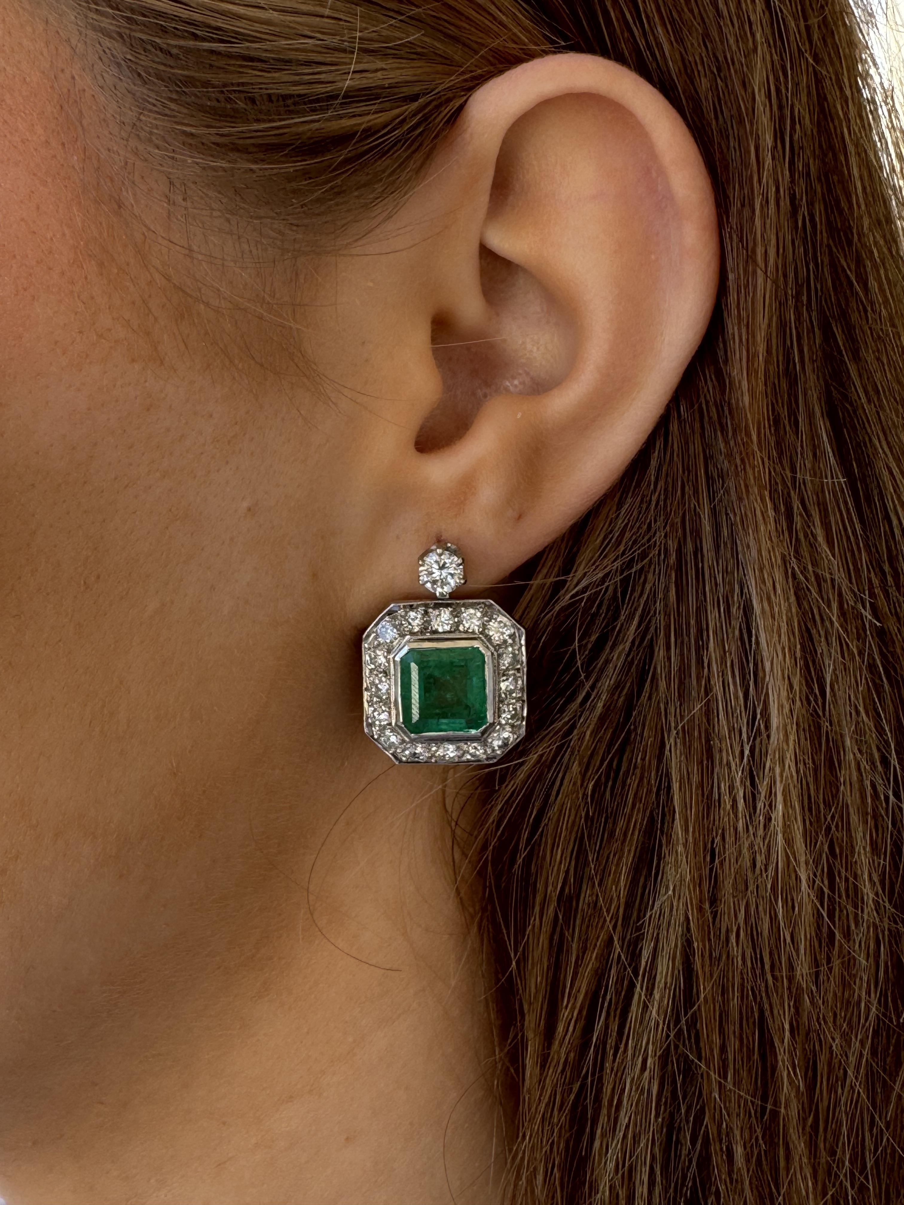 Art Deco Vintage Colombian Emerald & Diamond Dangle Earrings GIA For Sale