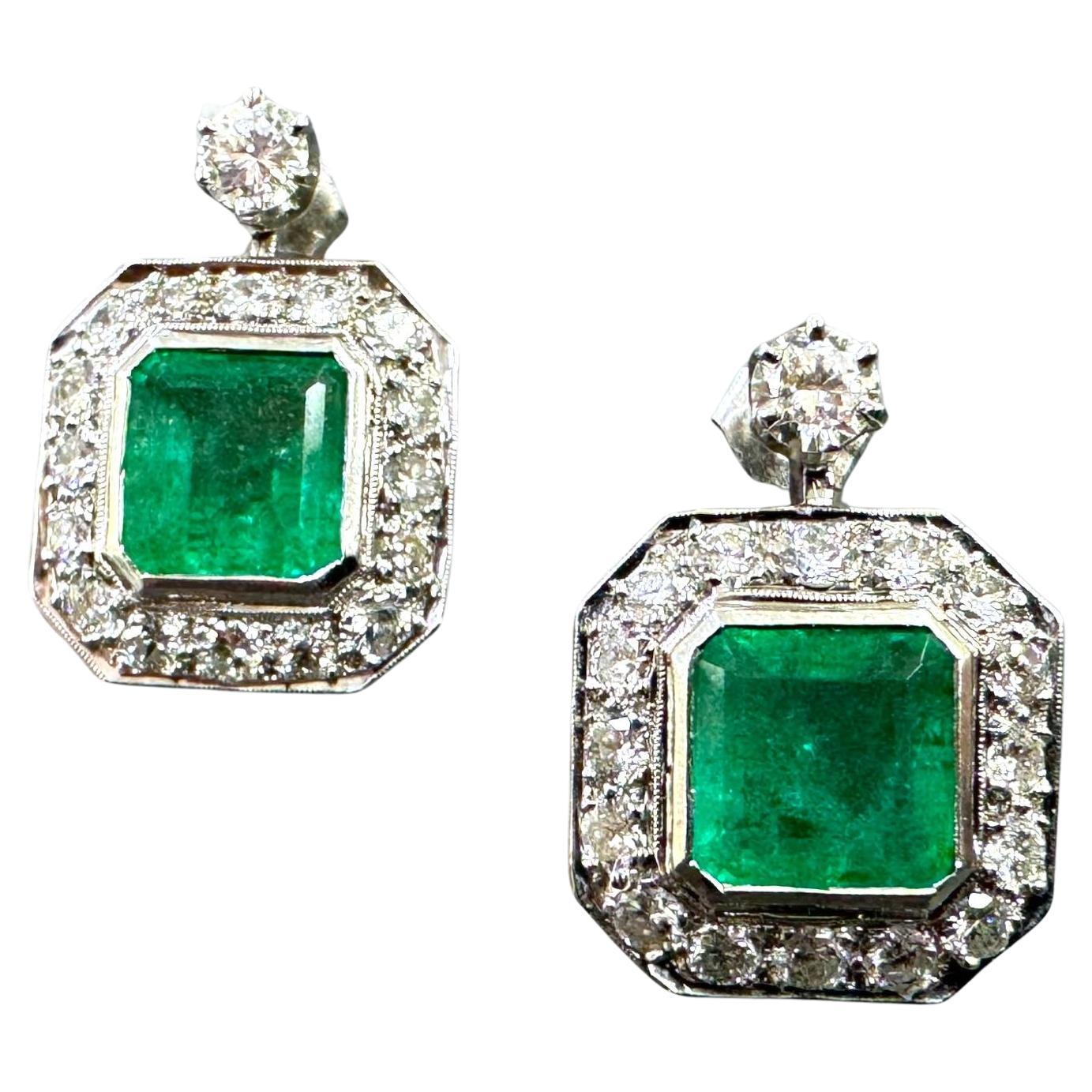 Vintage Colombian Emerald & Diamond Dangle Earrings GIA