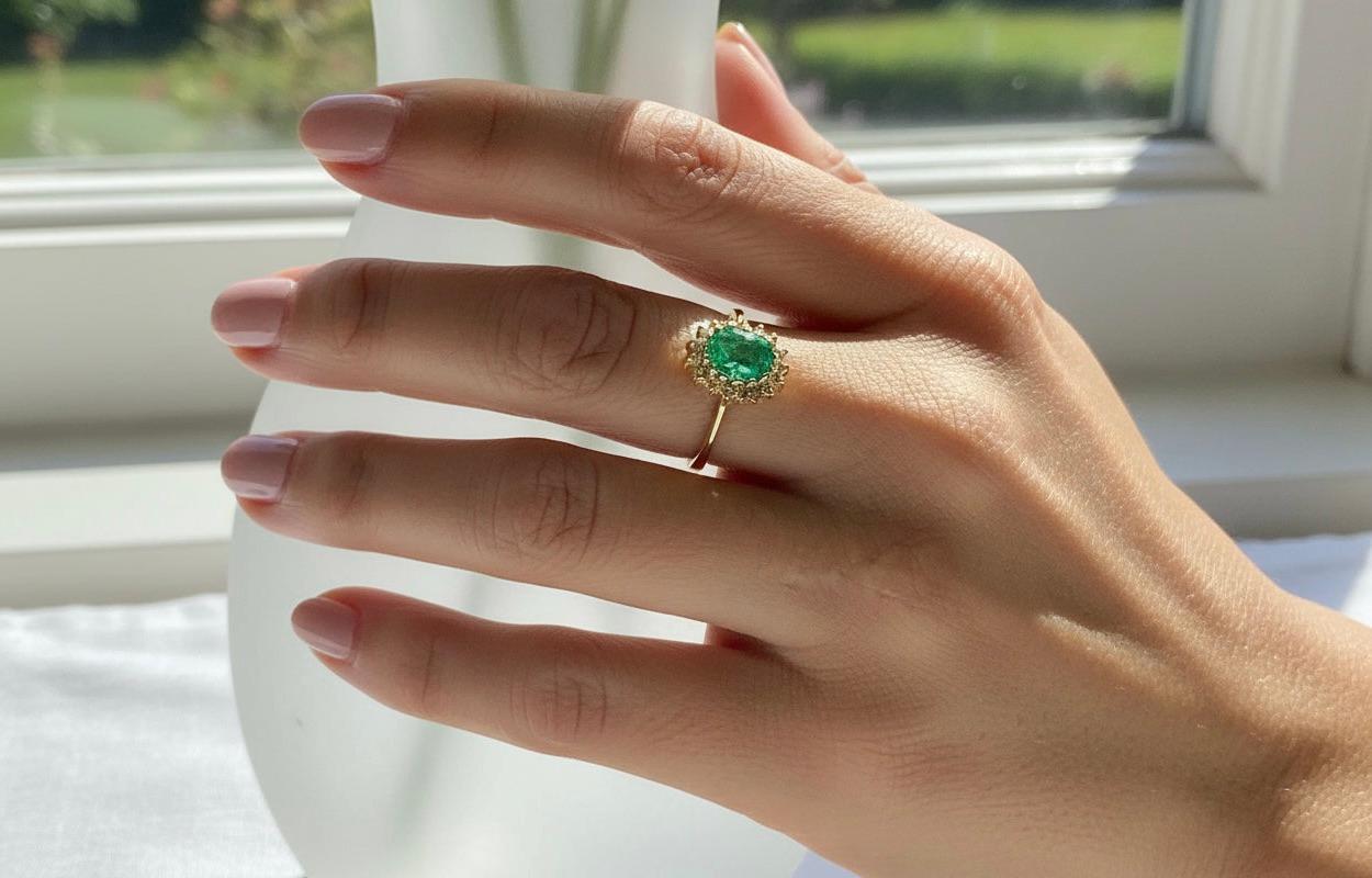 Contemporain Bague de fiançailles vintage 18 carats avec émeraude de Colombie et diamants en vente