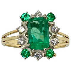 Vintage Colombian Emerald Solitaire Ring with Accents 18 Karat