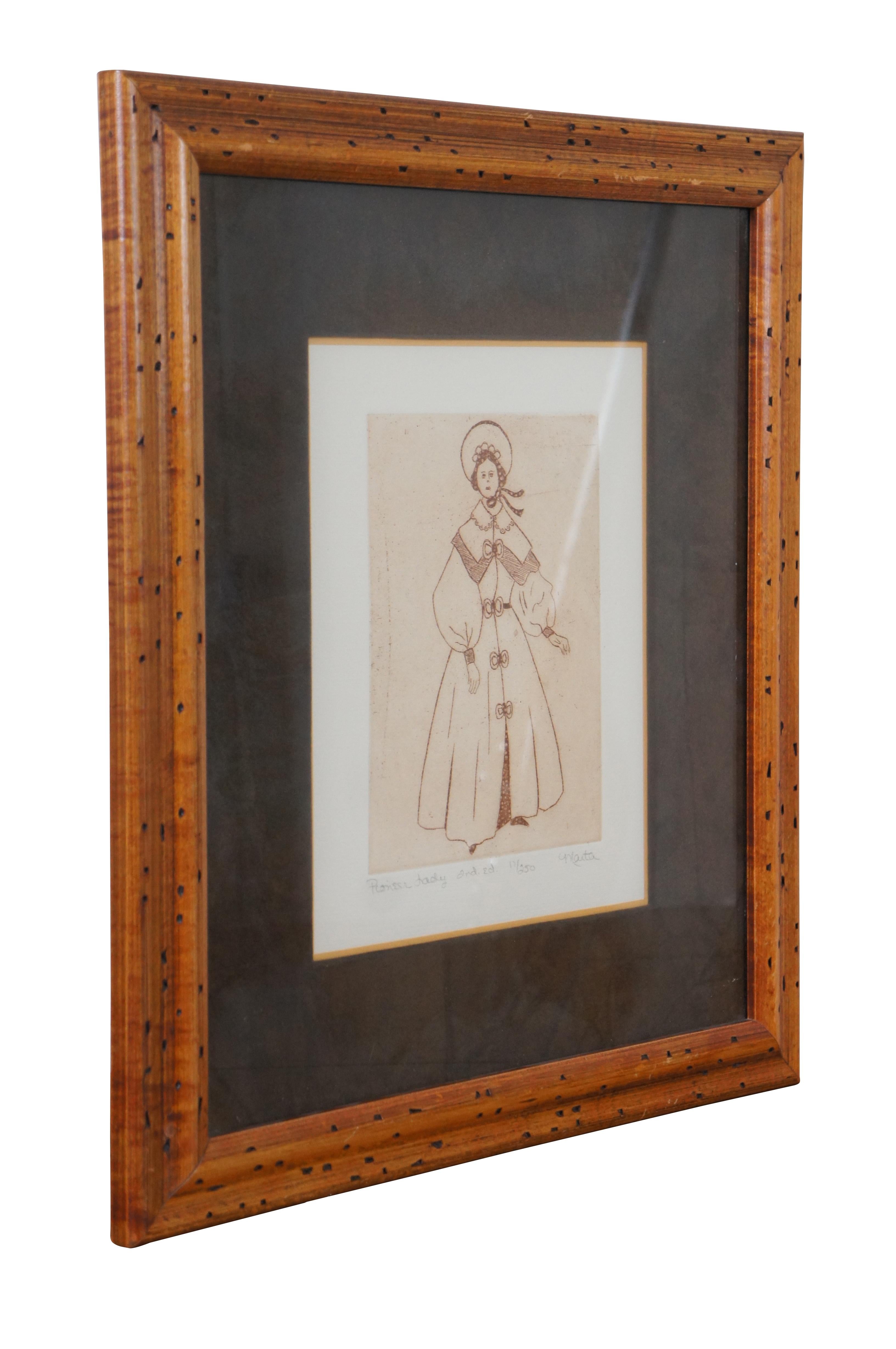 American Colonial Vintage Colonial Pioneer Lady 2nd Edition Etching Print Signed Framed Marta For Sale