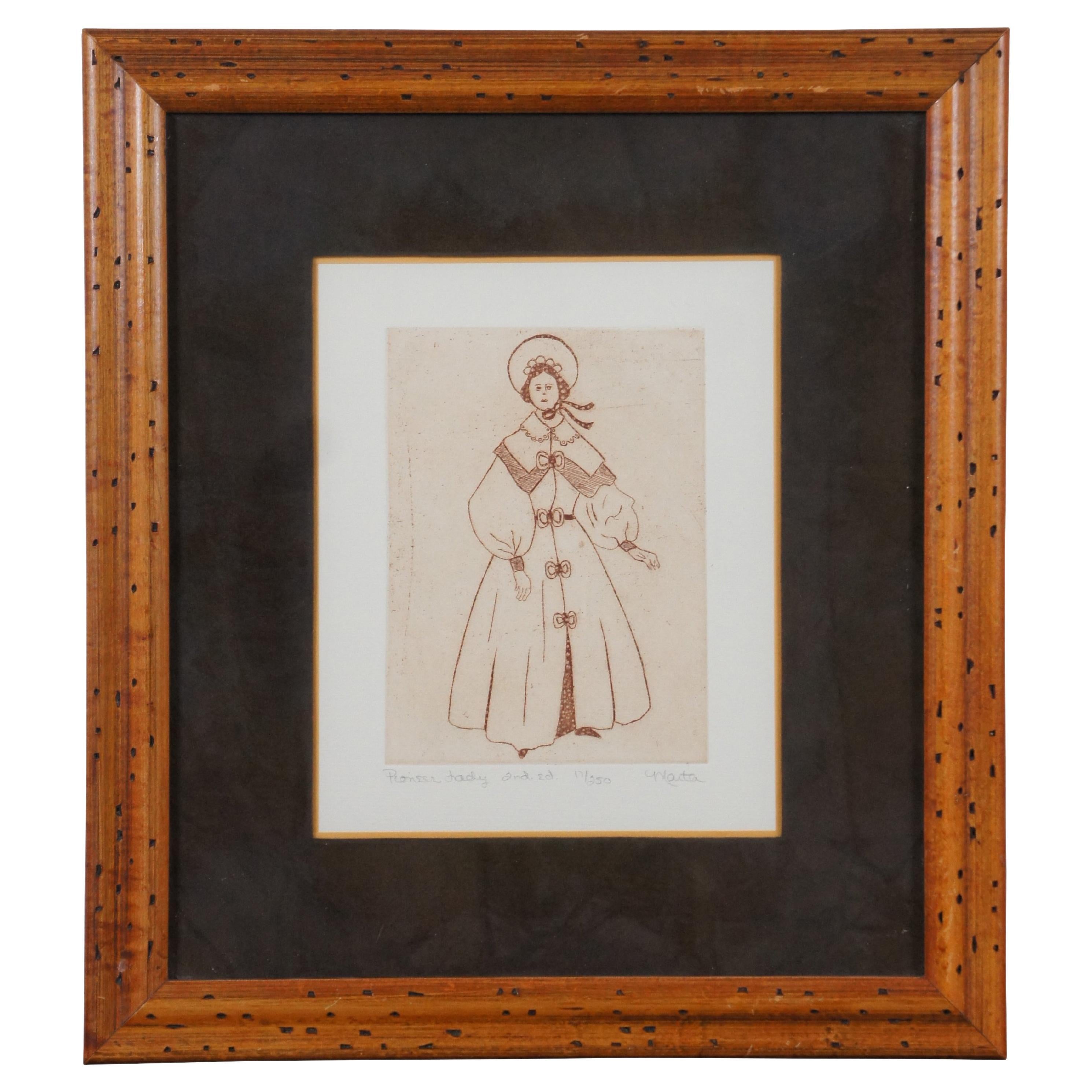 Vintage Colonial Pioneer Lady 2nd Edition Etching Print Signed Framed Marta For Sale