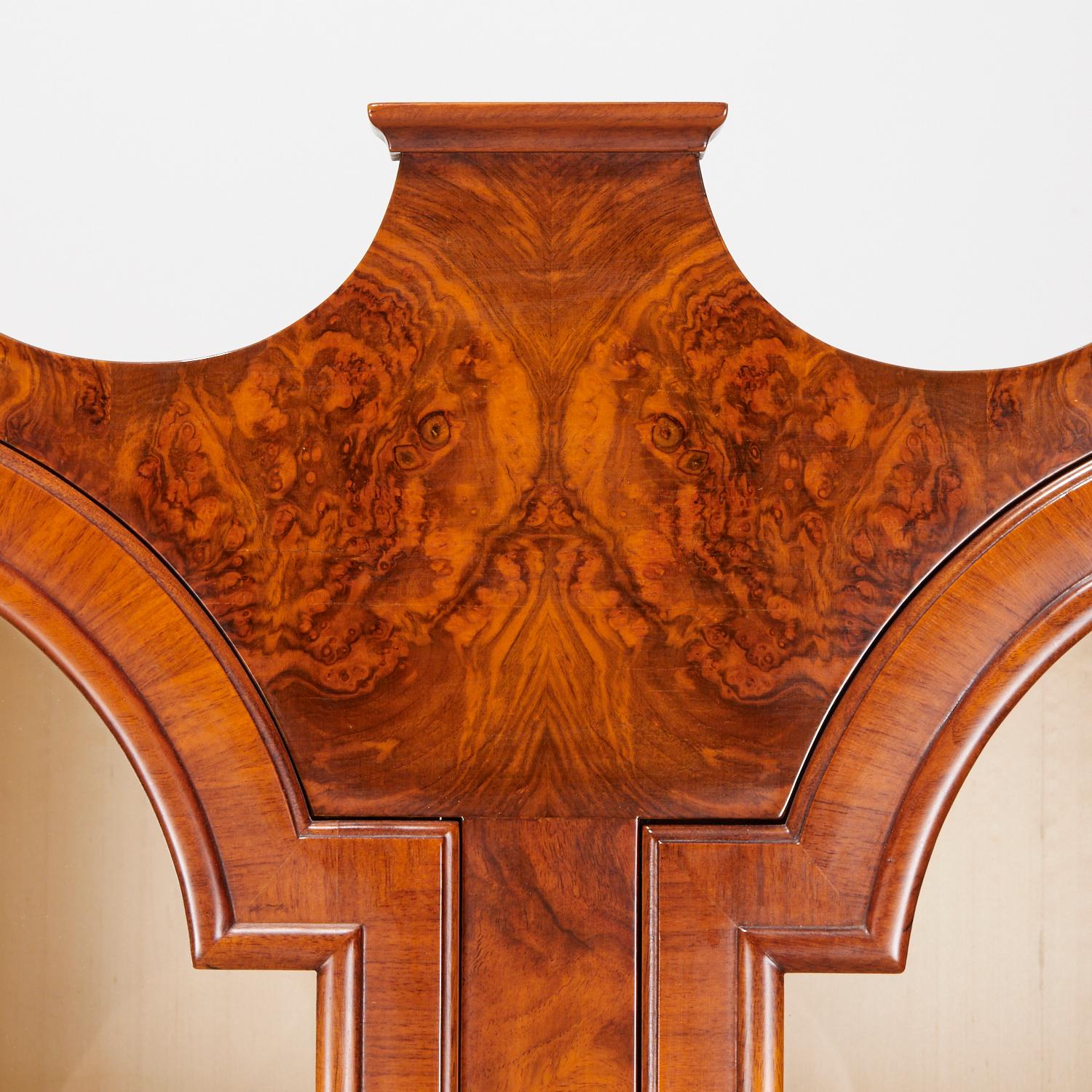 Brass Vintage Colonial Revival Burl Wood Bookcase/Display Cabinet