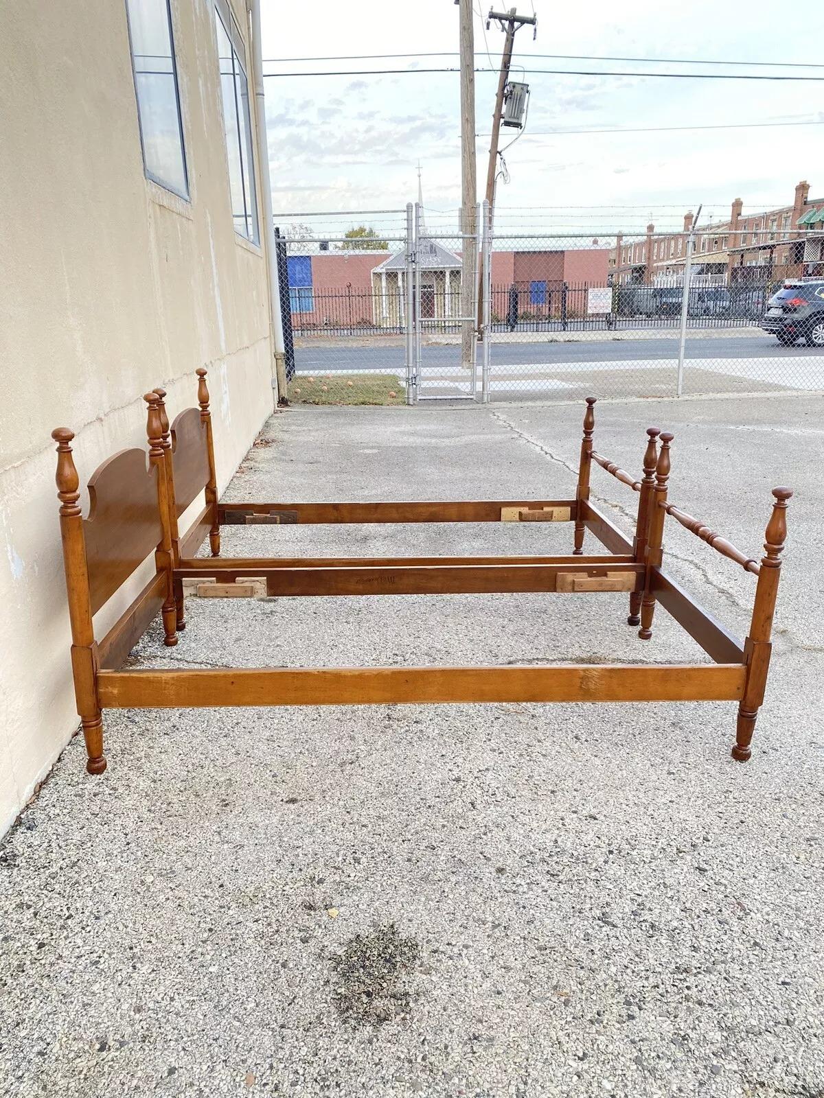 Vintage Colonial Style Cherry Wood Cannonball Single Twin Bed Frames - a Pair 4
