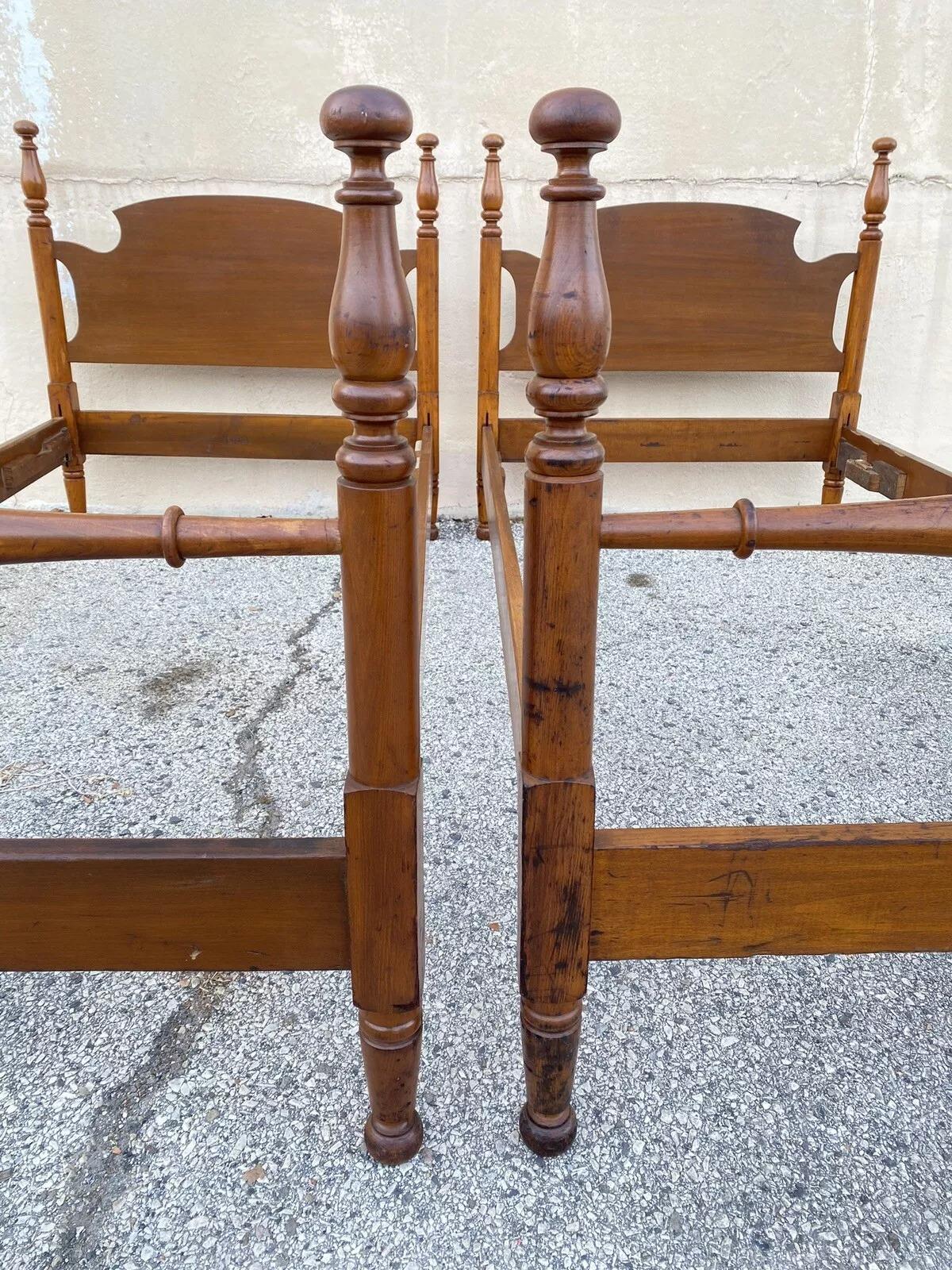 20th Century Vintage Colonial Style Cherry Wood Cannonball Single Twin Bed Frames - a Pair