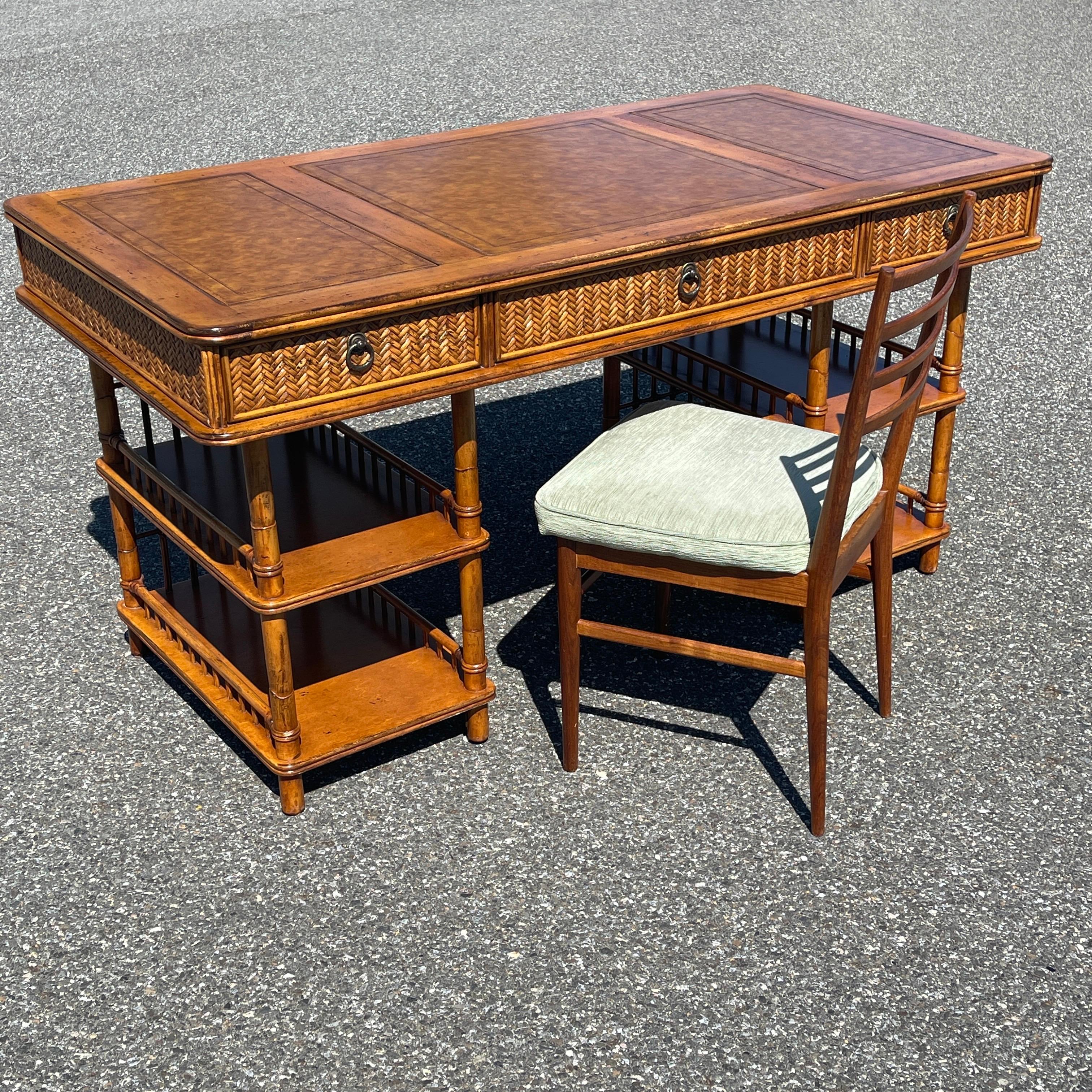 Vintage Colonial Style Faux Bamboo Writing Desk With Glass Top 7