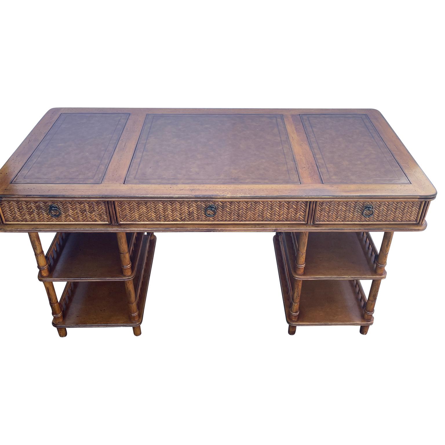 British Colonial Vintage Colonial Style Faux Bamboo Writing Desk With Glass Top