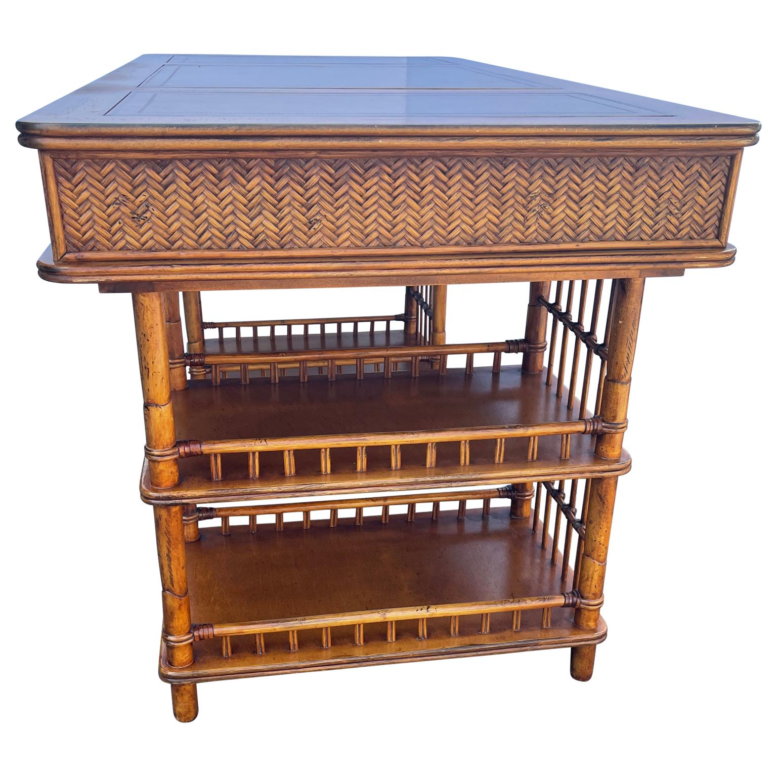 American Vintage Colonial Style Faux Bamboo Writing Desk With Glass Top