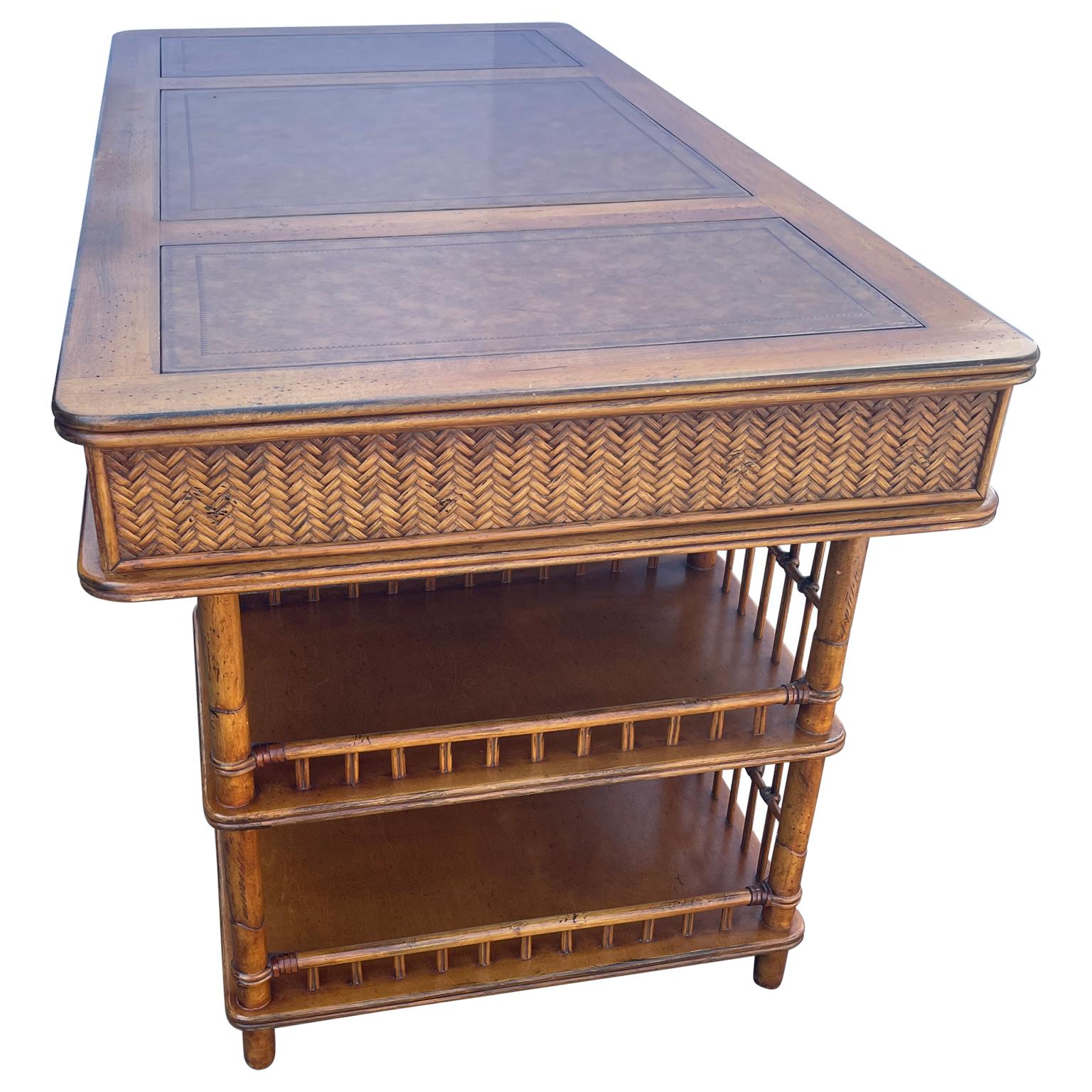 Hand-Crafted Vintage Colonial Style Faux Bamboo Writing Desk With Glass Top
