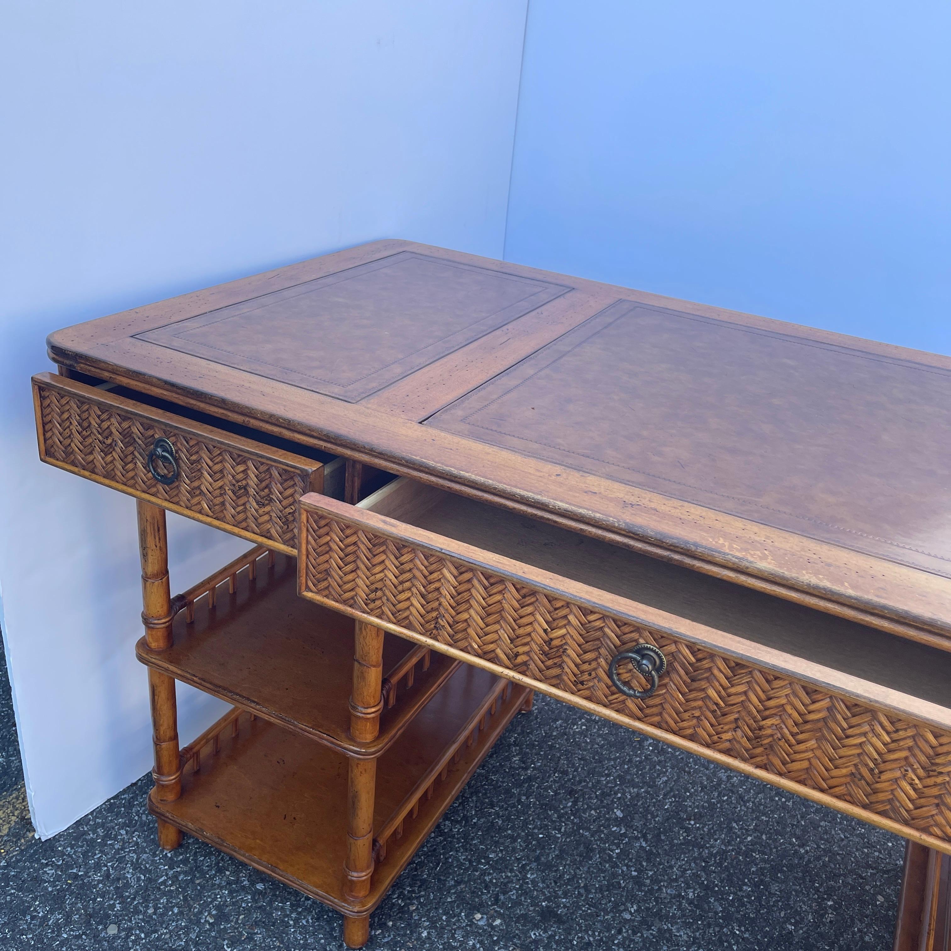 Wicker Vintage Colonial Style Faux Bamboo Writing Desk With Glass Top