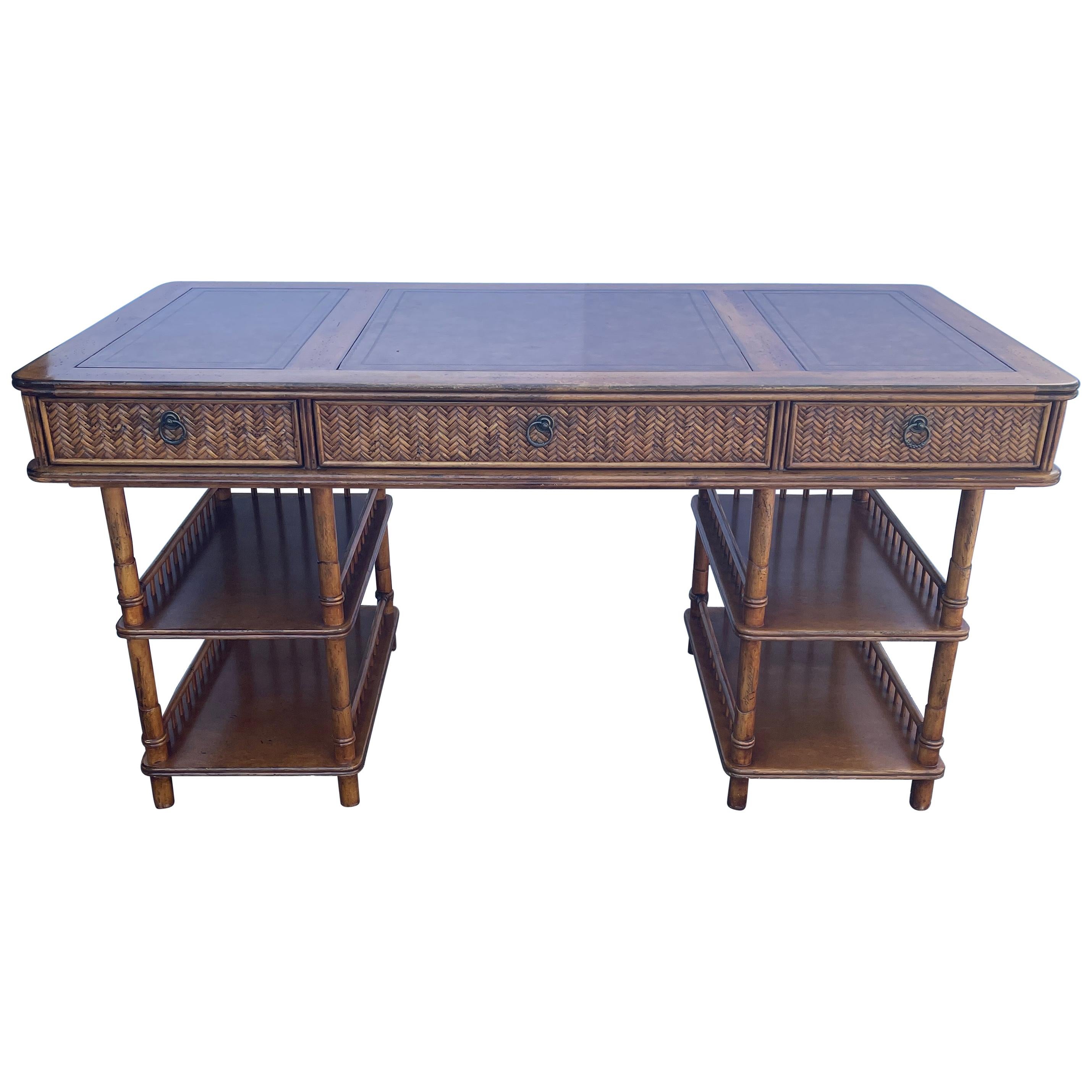 Vintage Colonial Style Faux Bamboo Writing Desk With Glass Top