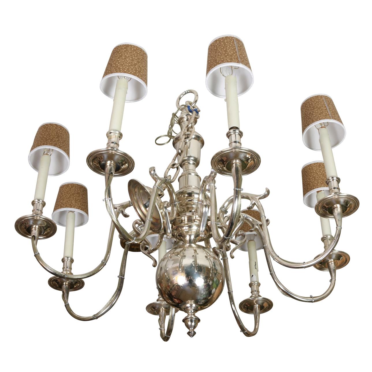 Vintage Colonial Style Silver Eight Arm Chandelier In Good Condition For Sale In Locust Valley, NY