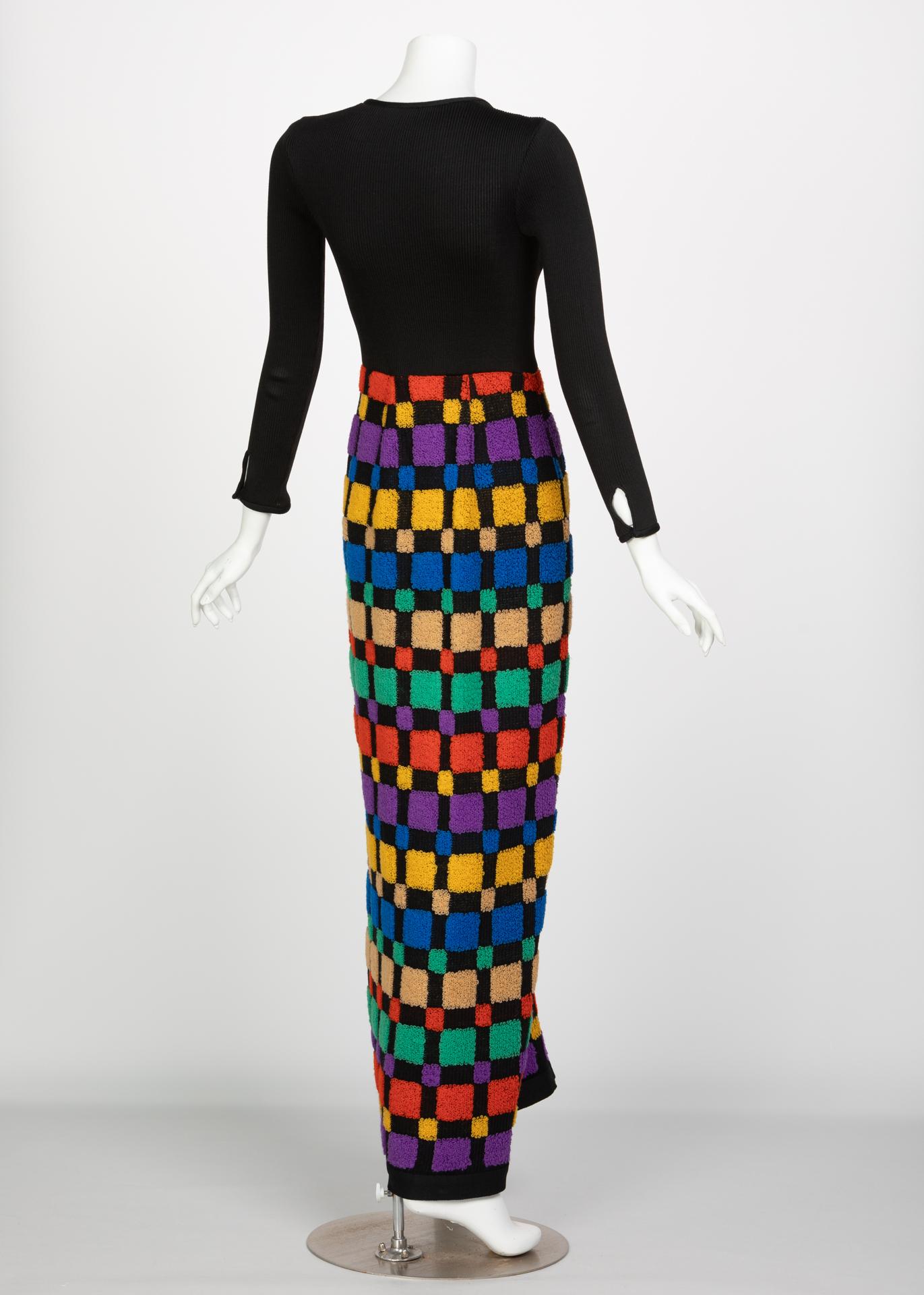 Black Vintage Color-Block Maxi Plunge Neck Sweater Dress, 1960s