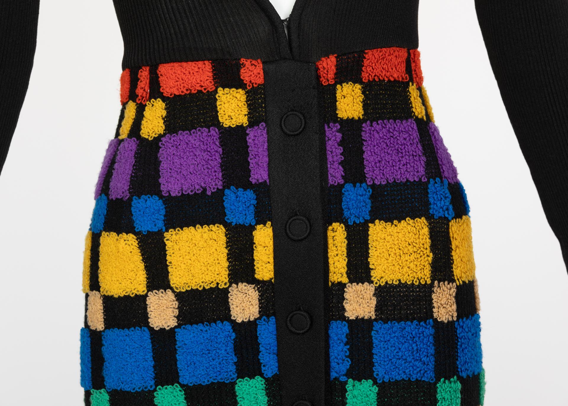 Women's Vintage Color-Block Maxi Plunge Neck Sweater Dress, 1960s